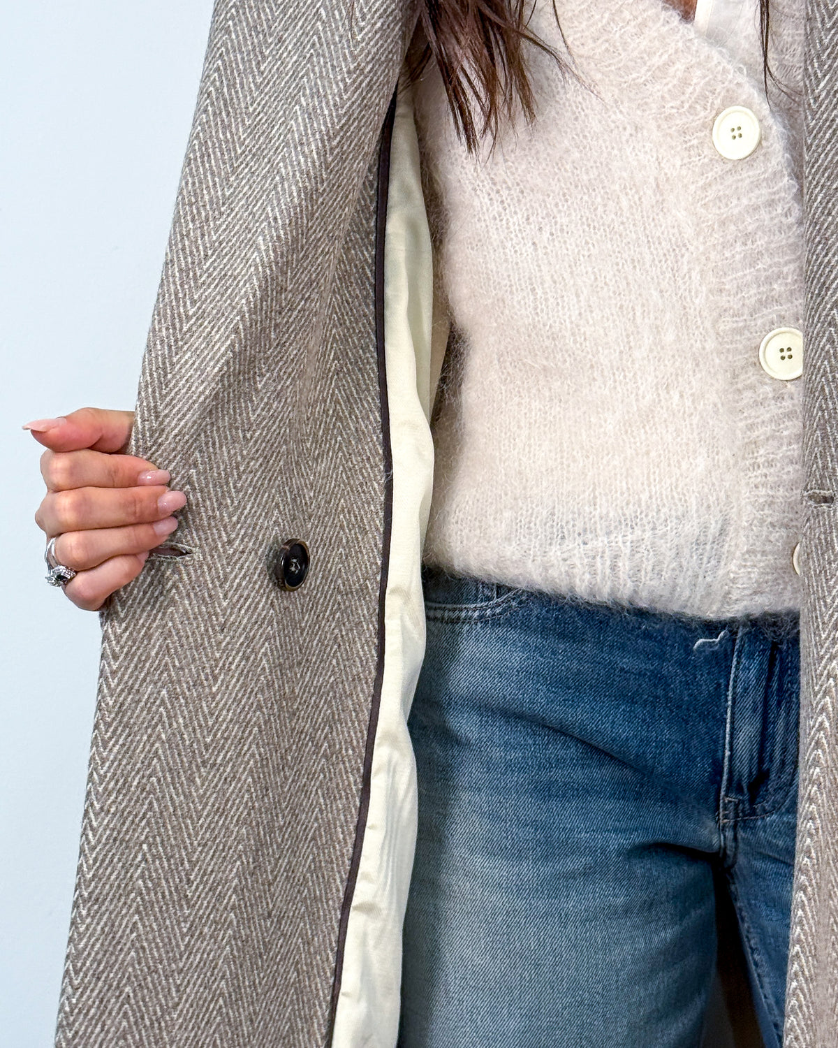 Spolvero Lungo in Lana Vergine Spigata con Cintura in Pelle - Beige Nomad