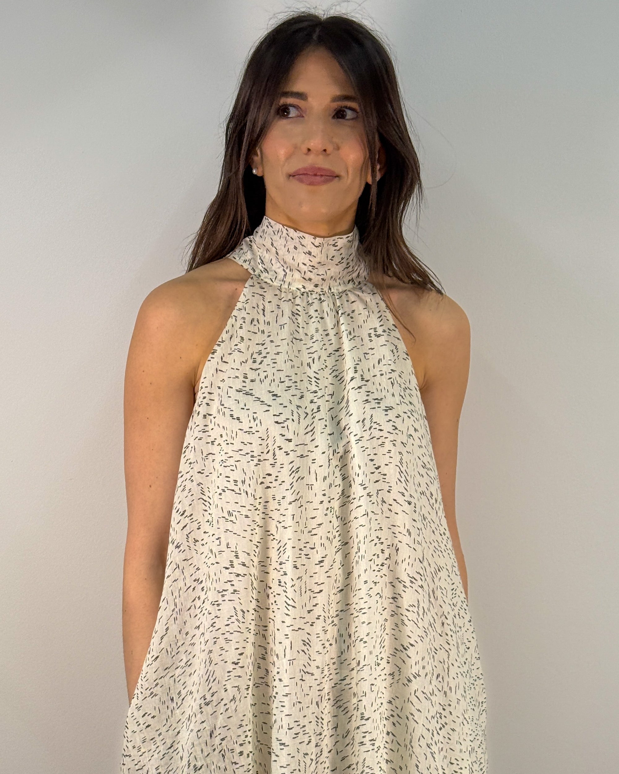 Abito Lungo Svasato con Scollo all'Americana in Misto Lyocell e Lino - Fantasia