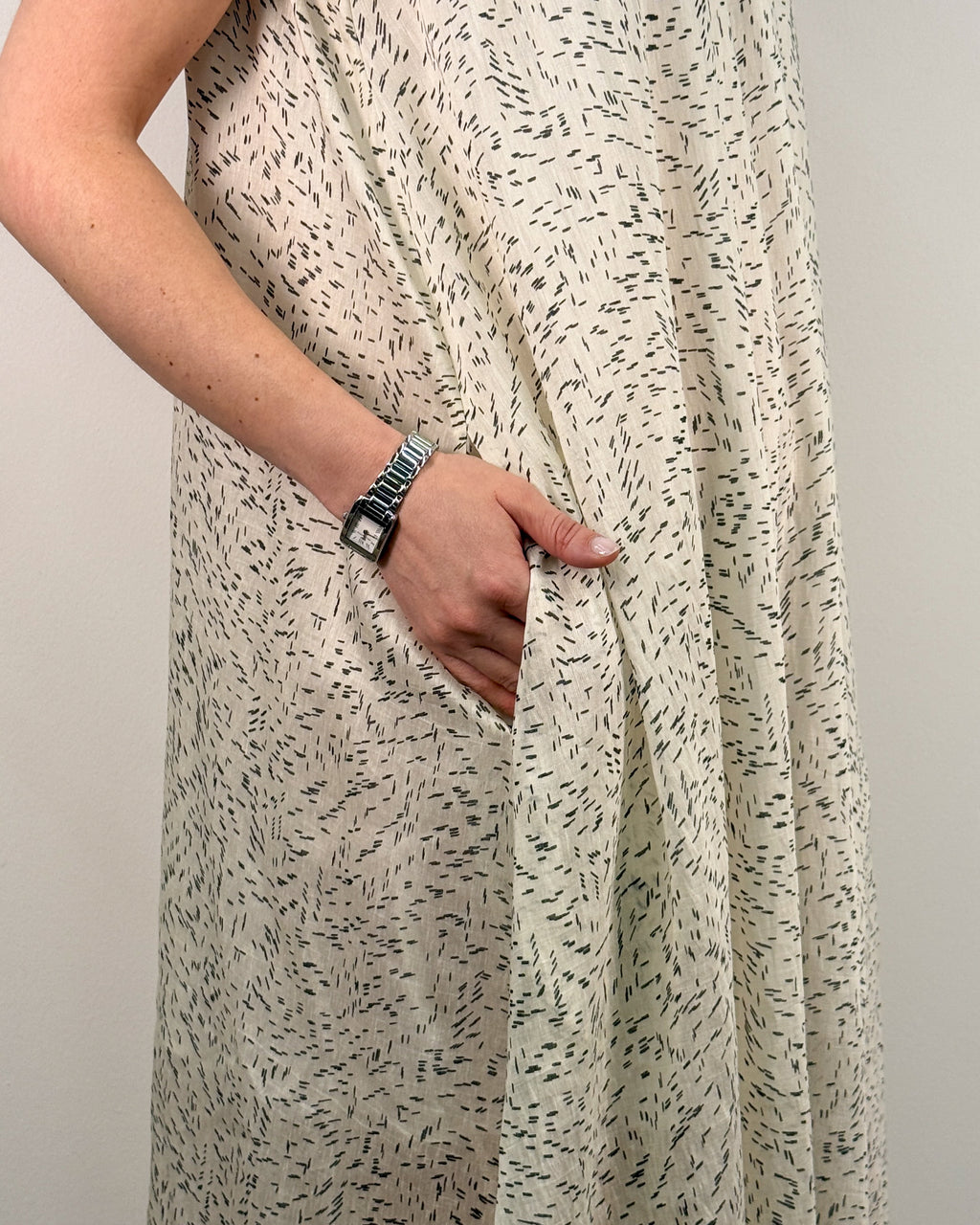 Abito Lungo Svasato con Scollo all'Americana in Misto Lyocell e Lino - Fantasia