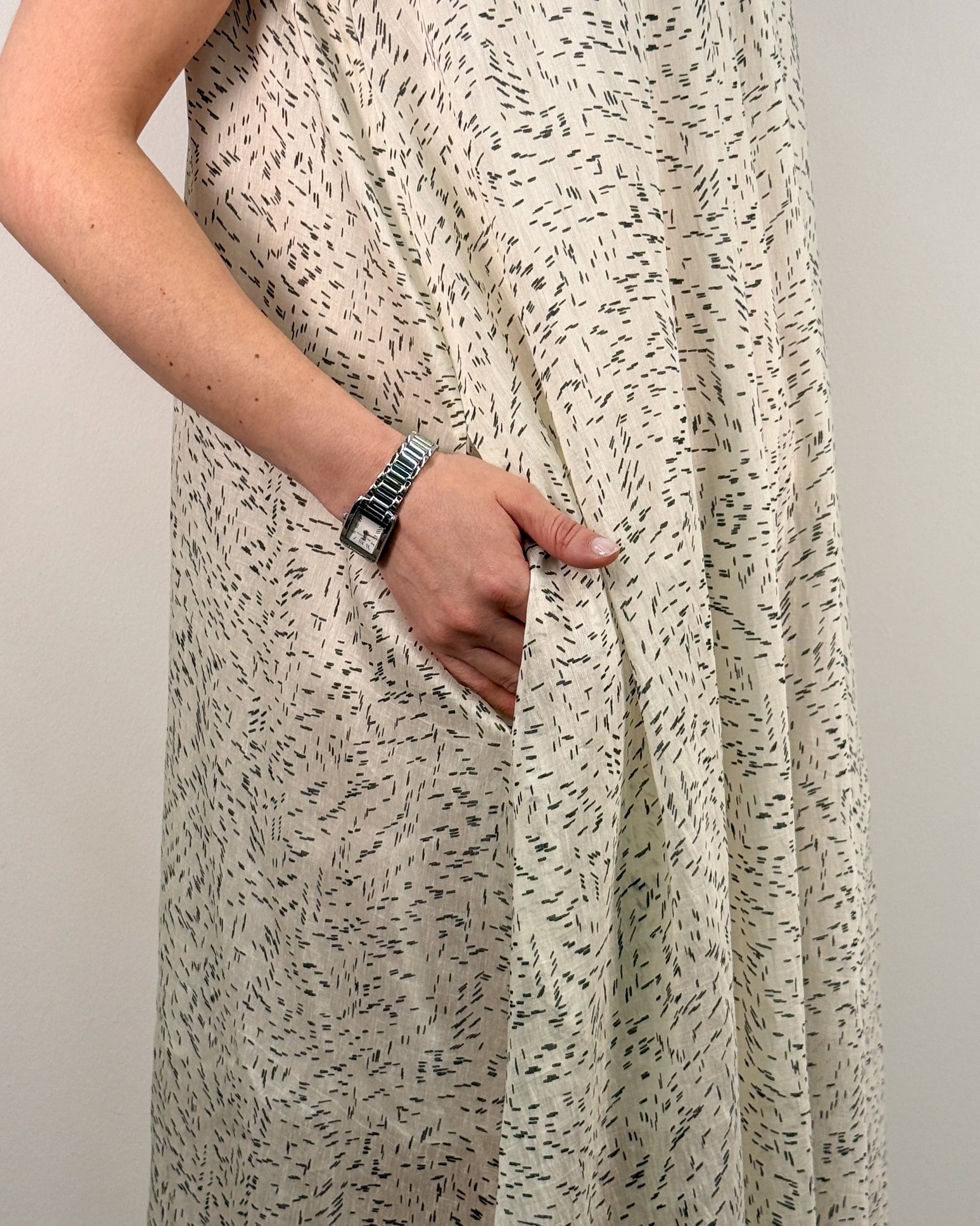 Abito Lungo Svasato con Scollo all'Americana in Misto Lyocell e Lino - Fantasia