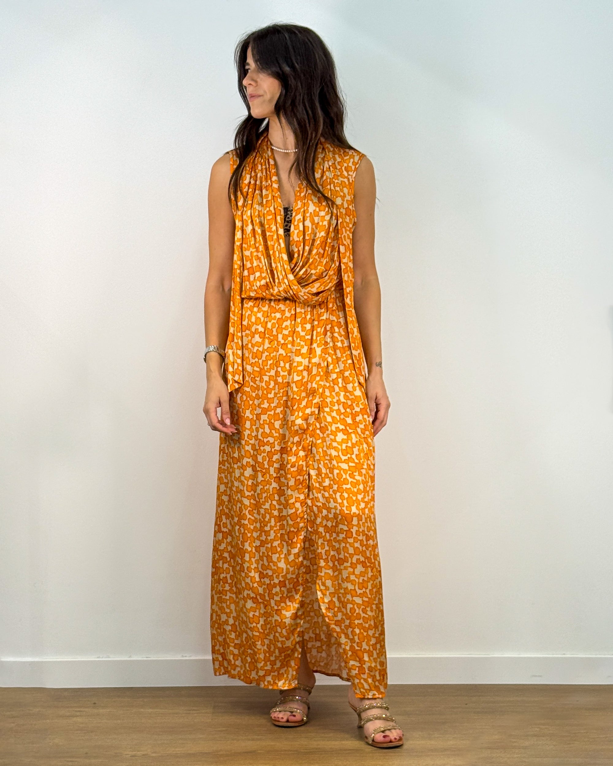 Abito Lungo in viscosa con Scollo Drappeggiato e Spacco - Arancio