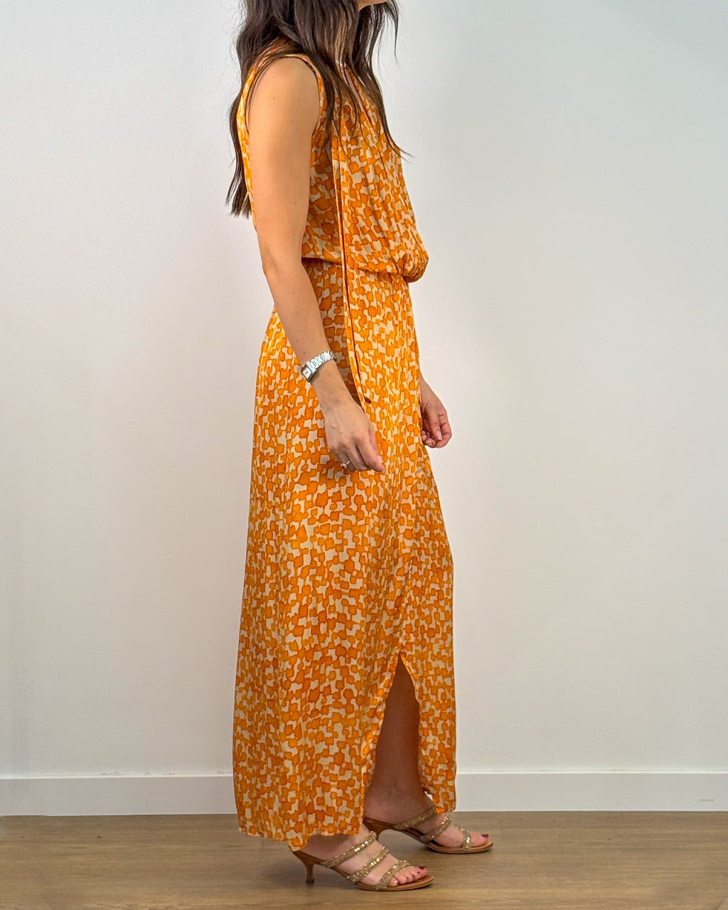 Abito Lungo in viscosa con Scollo Drappeggiato e Spacco - Arancio