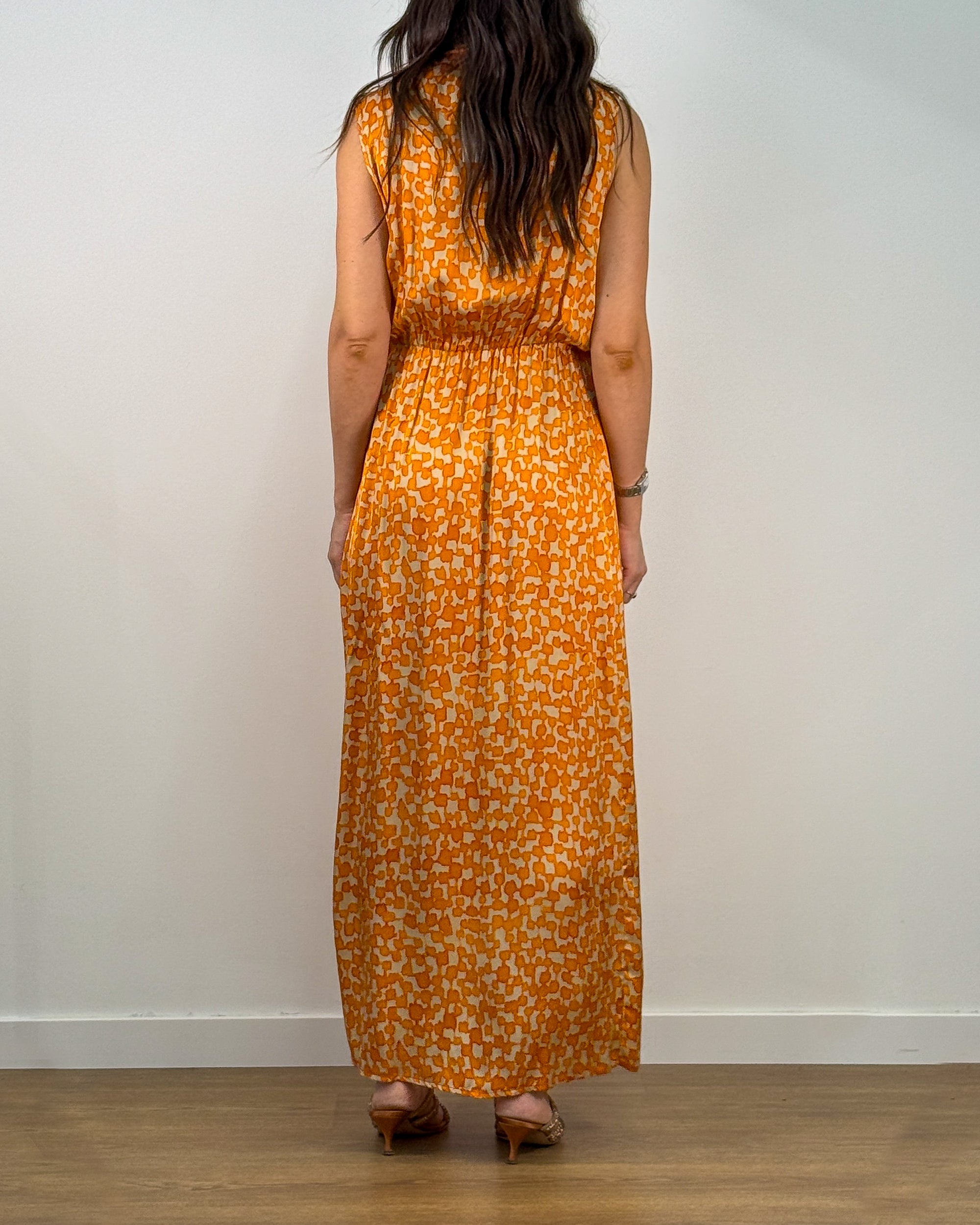 Abito Lungo in viscosa con Scollo Drappeggiato e Spacco - Arancio