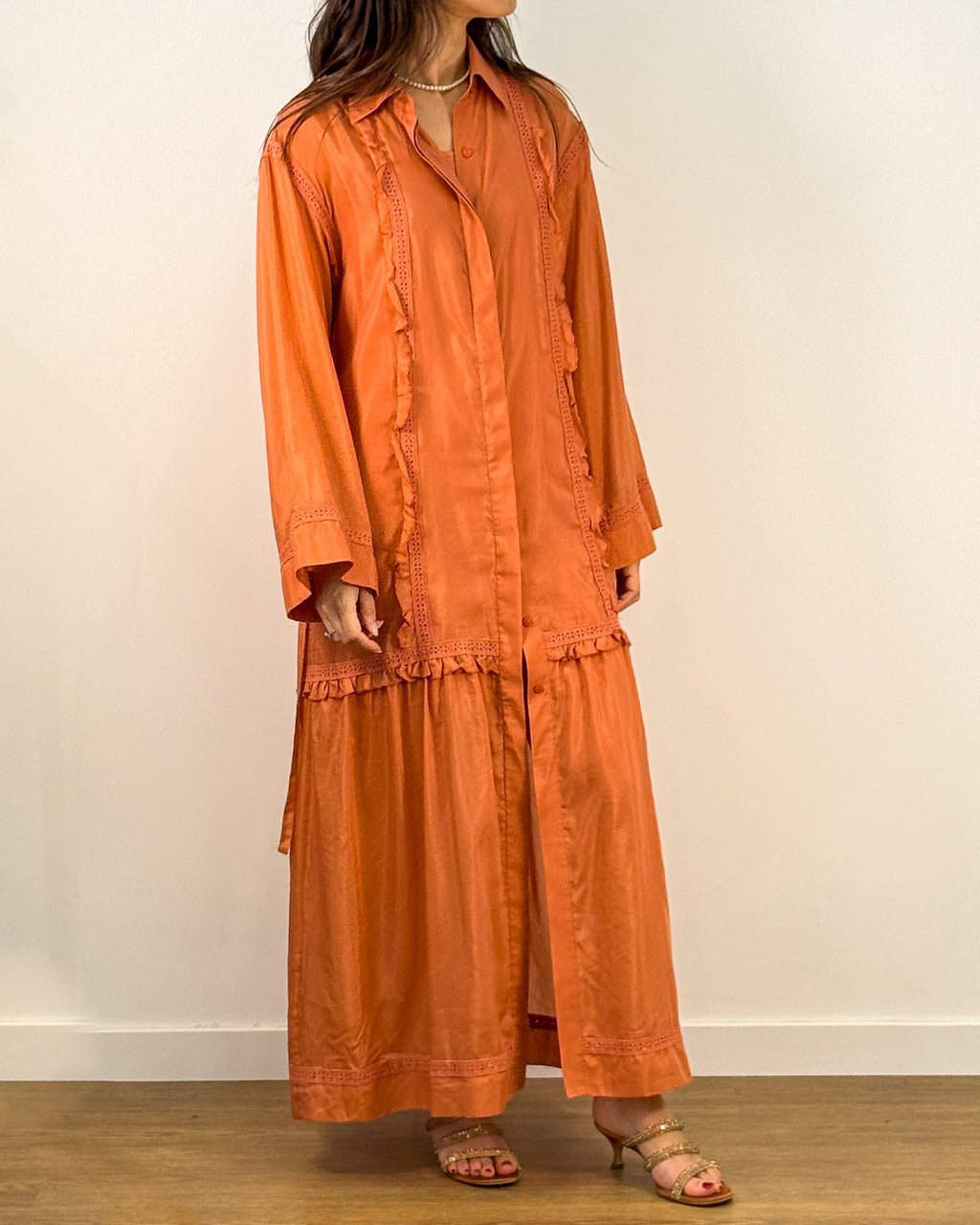 Chemisier Lungo in Misto Seta con Pizzo Sangallo e Rouches - Terracotta | ISABELLE BLANCHE PARIS