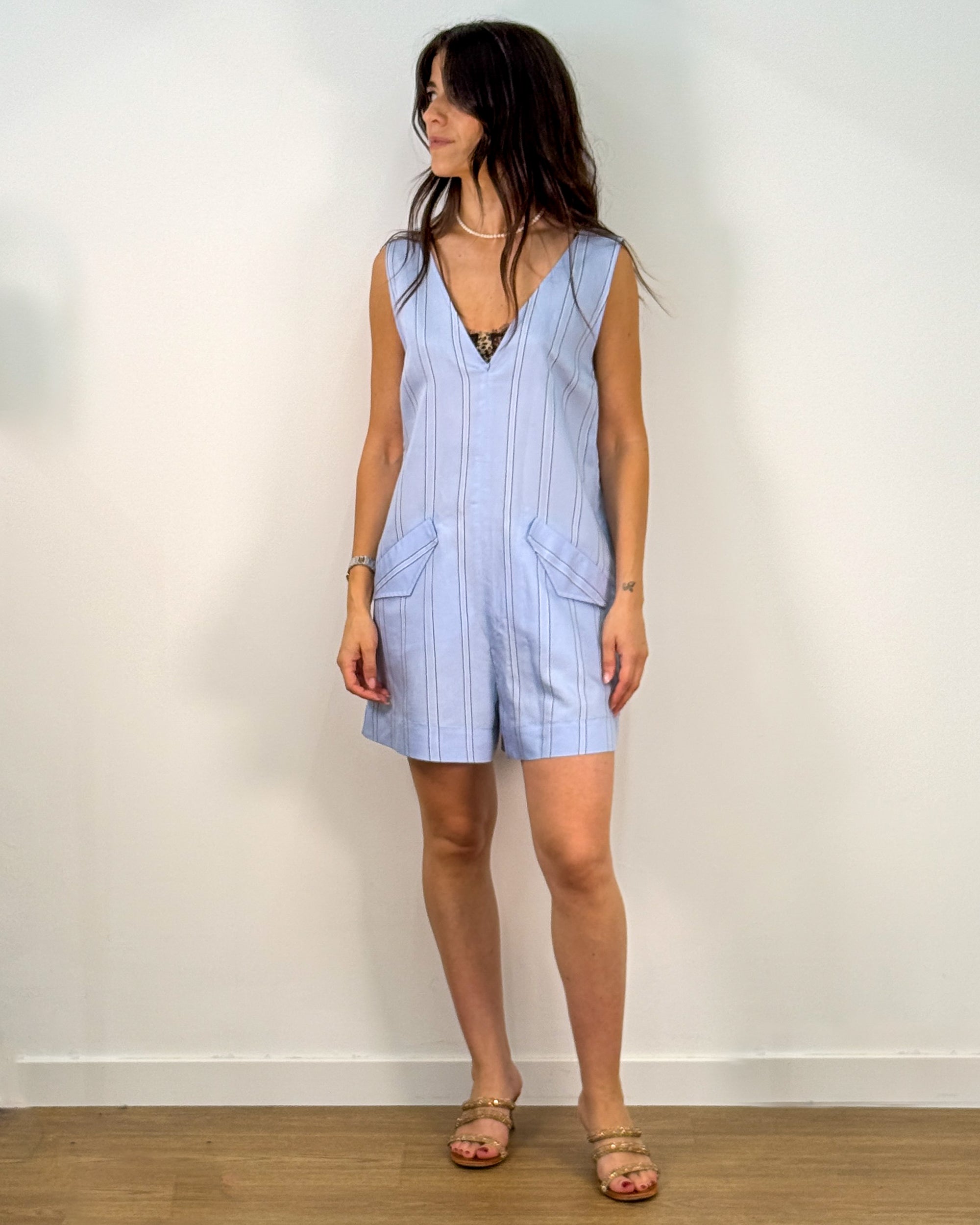 Tuta Corta a Righe con Scollo a V - Azzurro | RAME