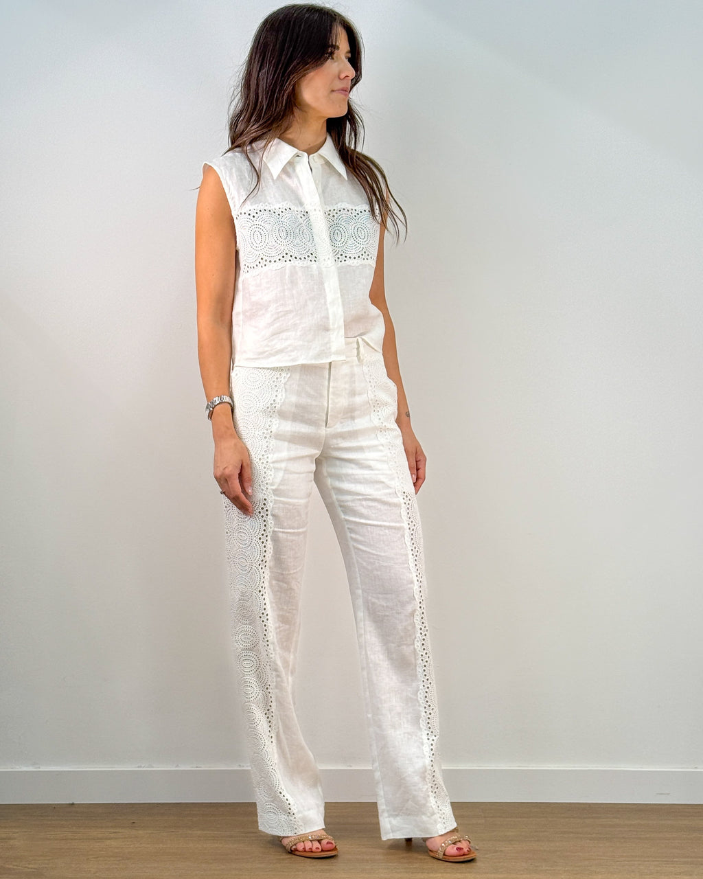 Pantalone in Lino con Inserto Sangallo - Egret | ISABELLE BLANCHE PARIS