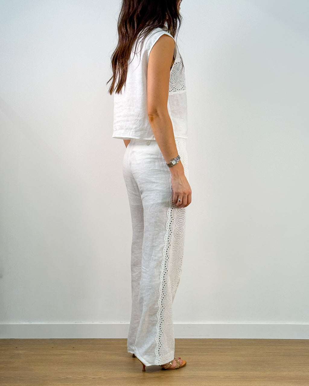 Pantalone in Lino con Inserto Sangallo - Egret | ISABELLE BLANCHE PARIS