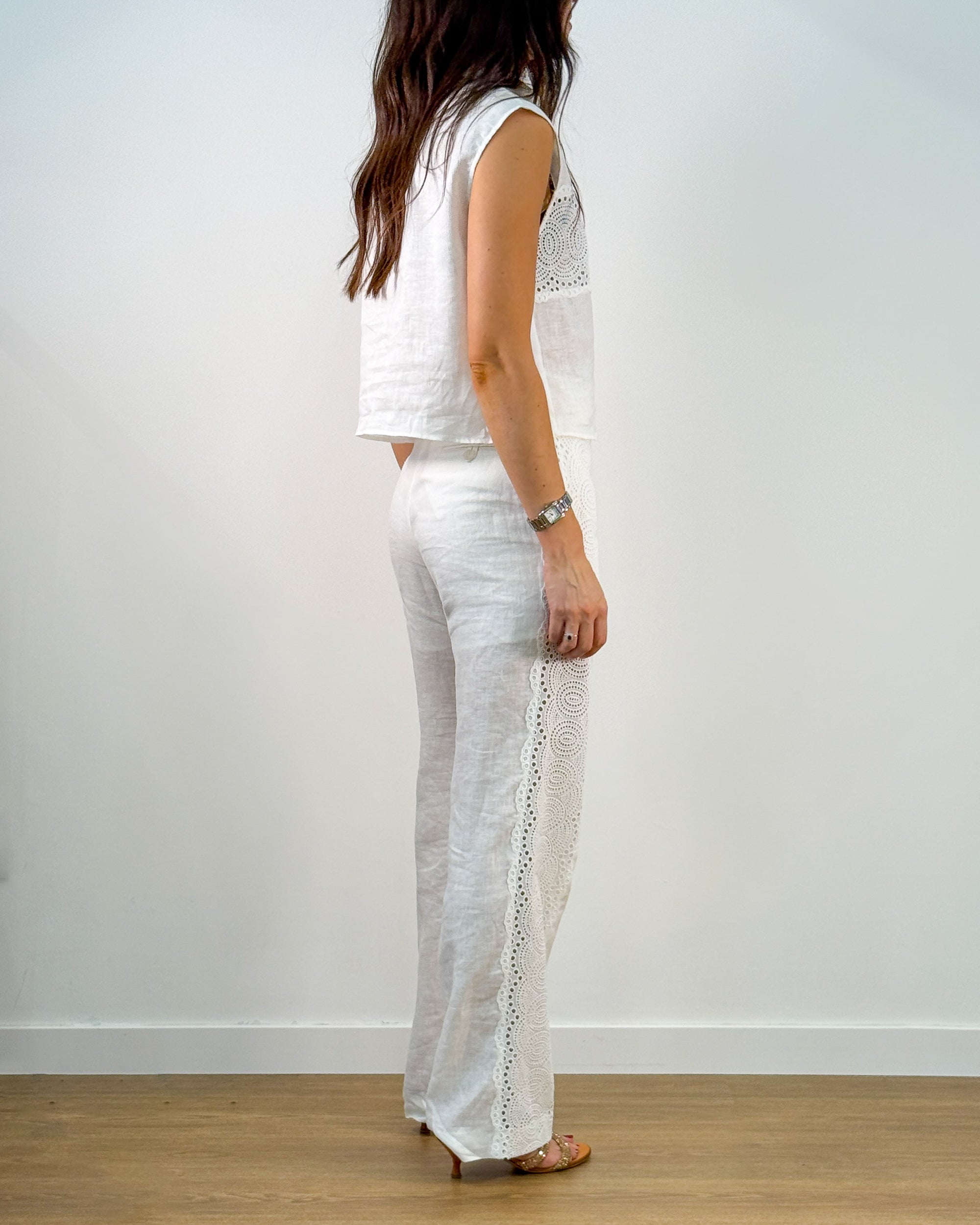 Pantalone in Lino con Inserto Sangallo - Egret | ISABELLE BLANCHE PARIS