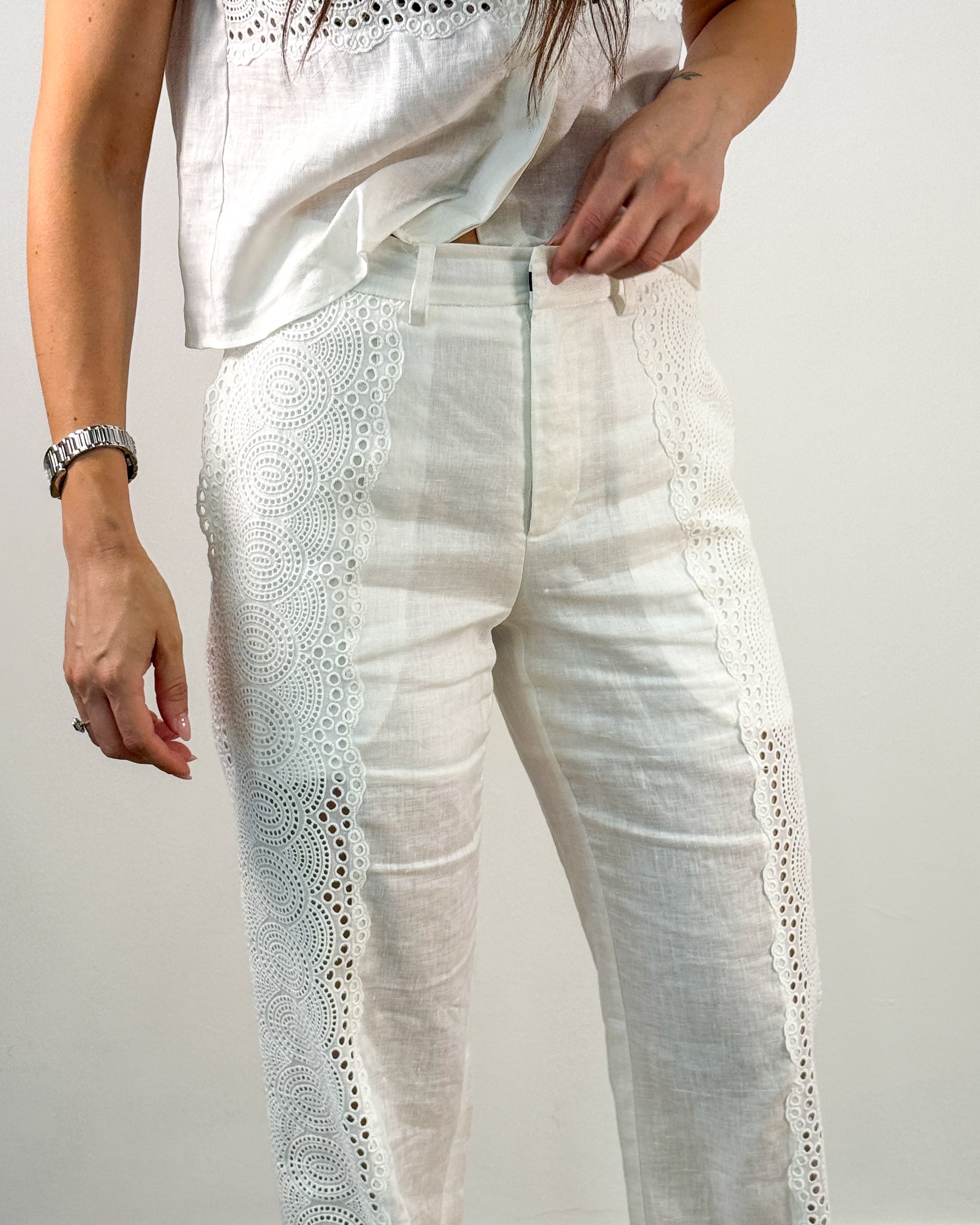 Pantalone in Lino con Inserto Sangallo - Egret | ISABELLE BLANCHE PARIS