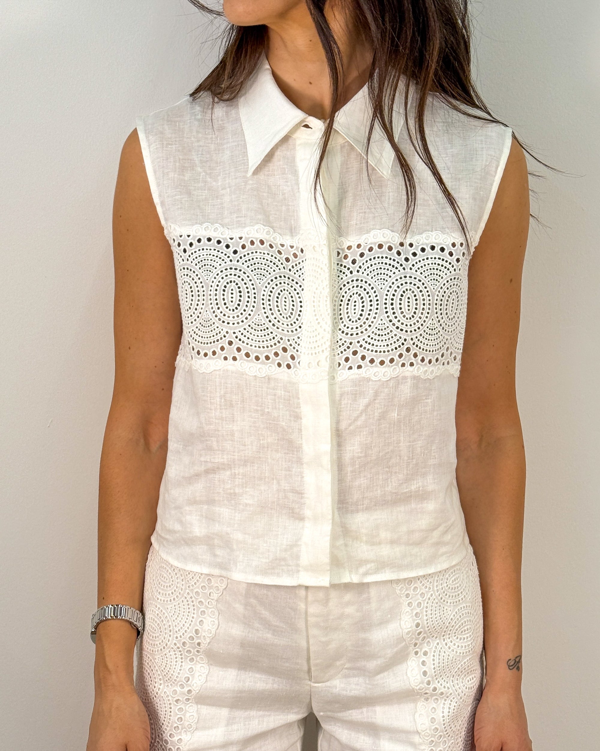 Chemisier Smanicato in Lino con Inserto Sangallo - Egret | ISABELLE BLANCHE PARIS
