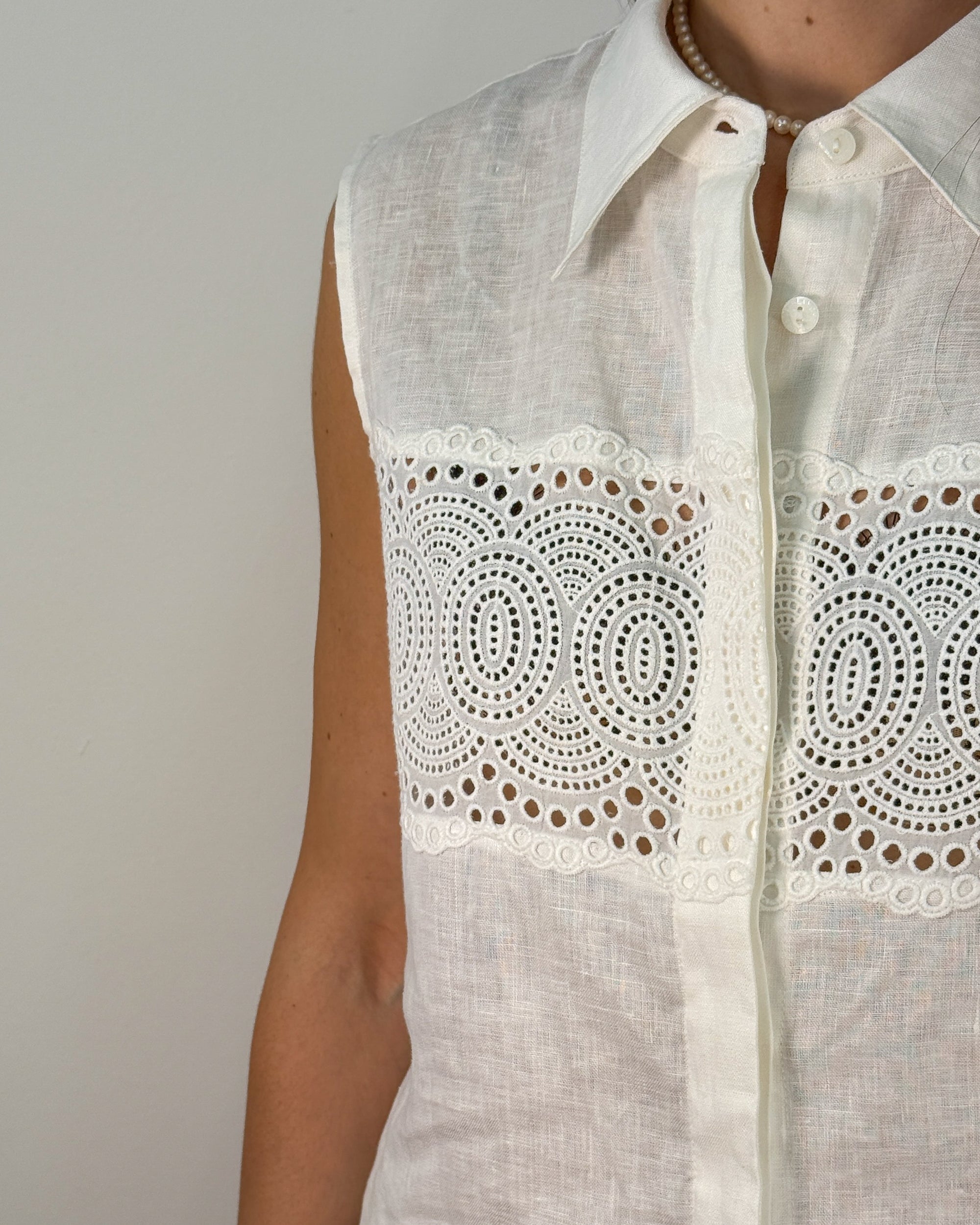 Chemisier Smanicato in Lino con Inserto Sangallo - Egret | ISABELLE BLANCHE PARIS