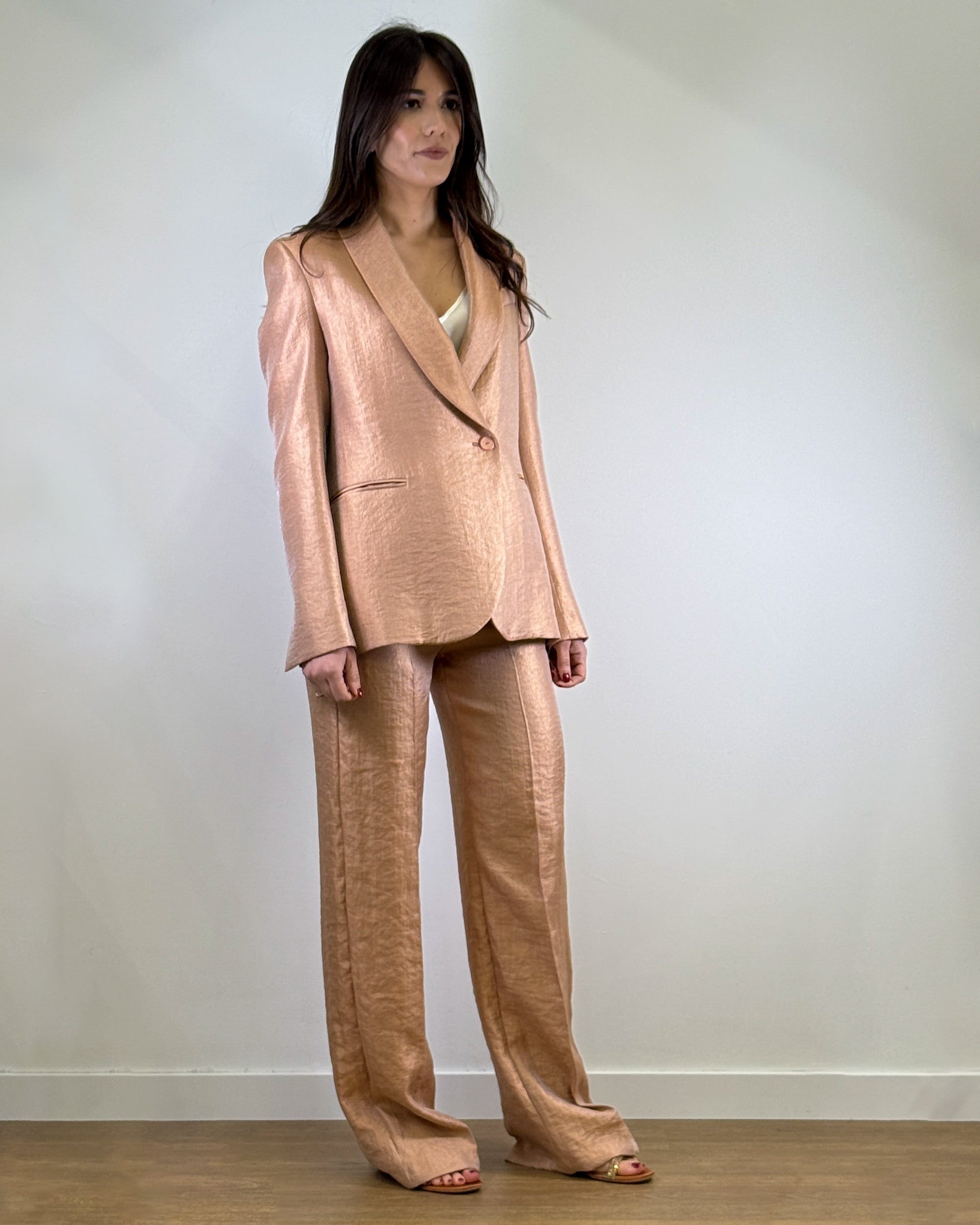 Pantalone a Palazzo con Tessuto Laminato e Vita Alta - Blush | RAME