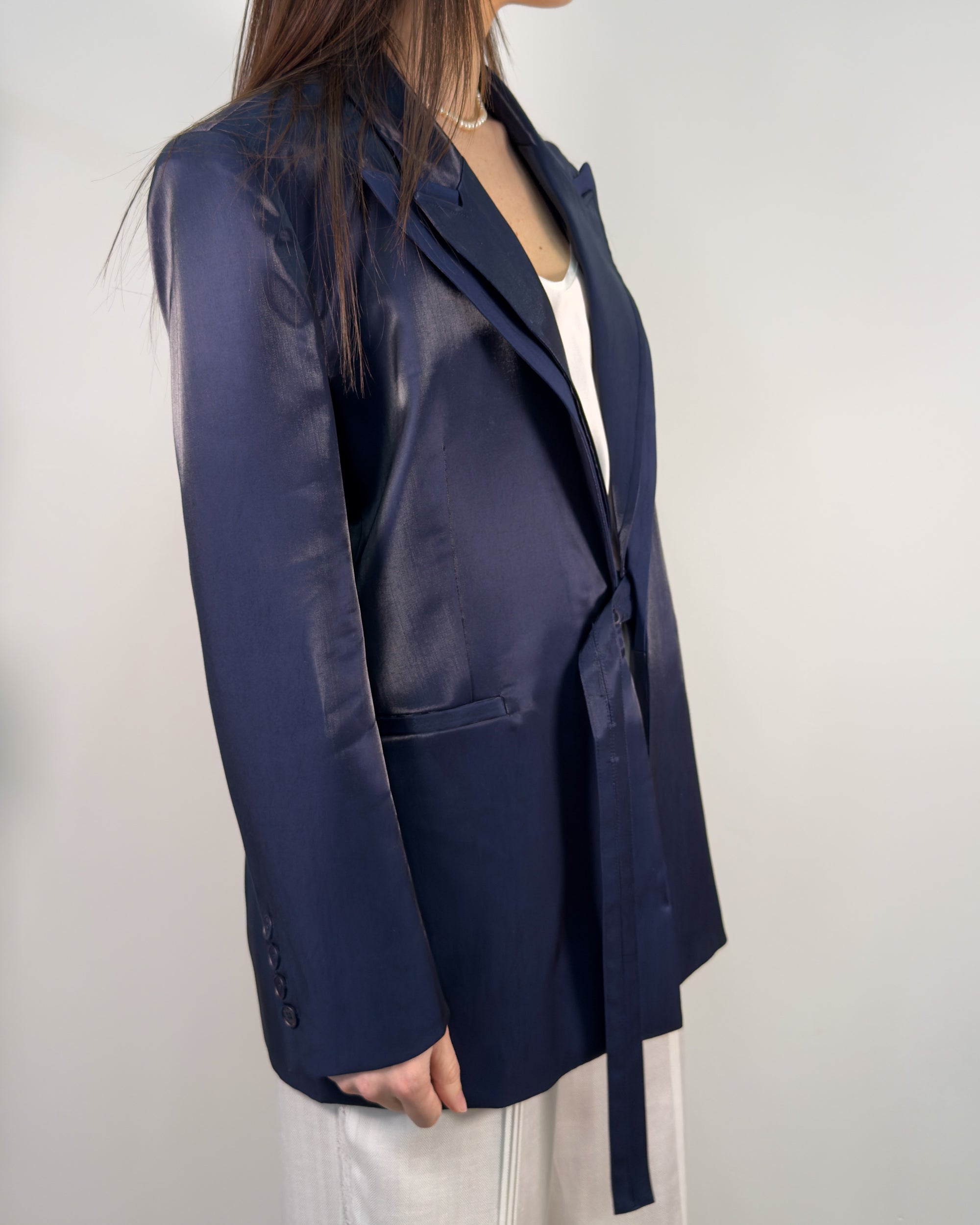 Blazer in Tessuto Lucido con Doppio Rever - Blue Navy - Gold Boutique