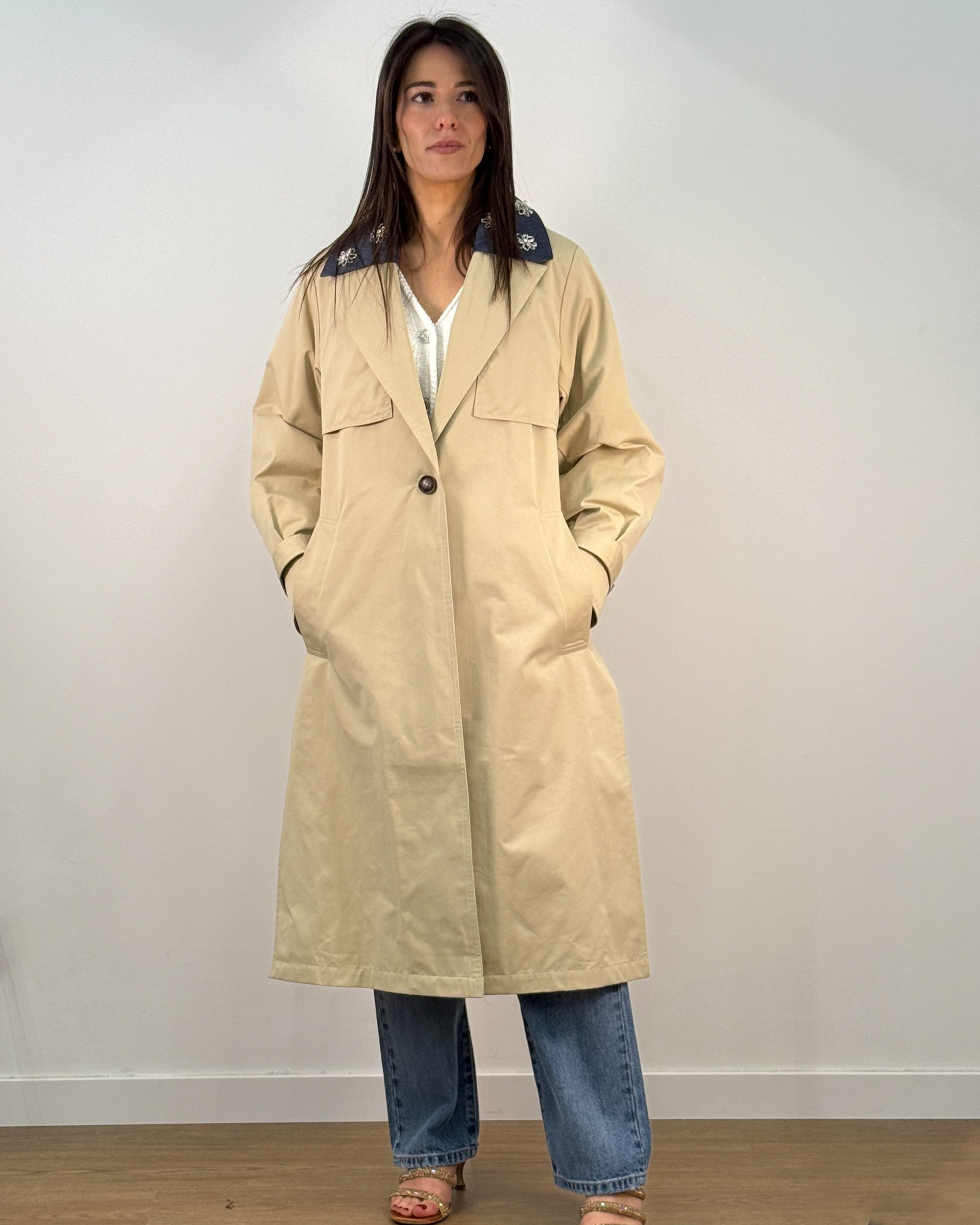 Trench con Colletto Denim Staccabile - Beige - Beatrice B