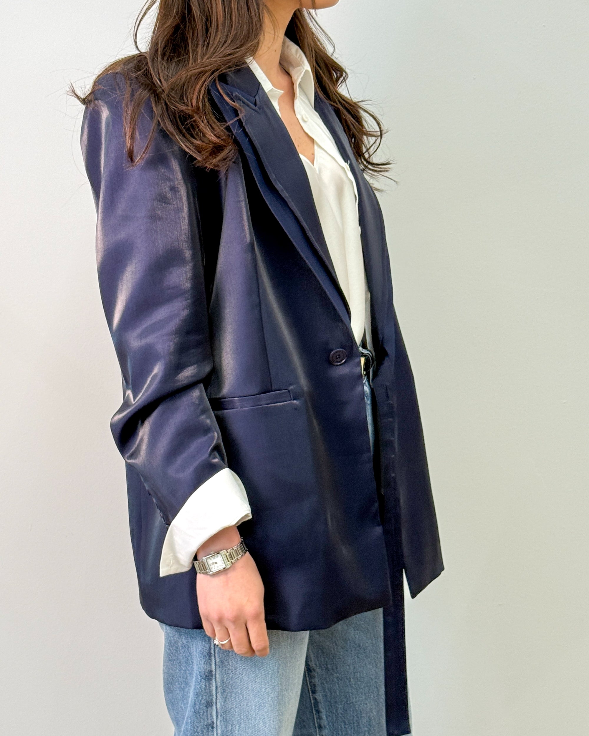 Blazer in Tessuto Lucido con Doppio Rever - Blue Navy