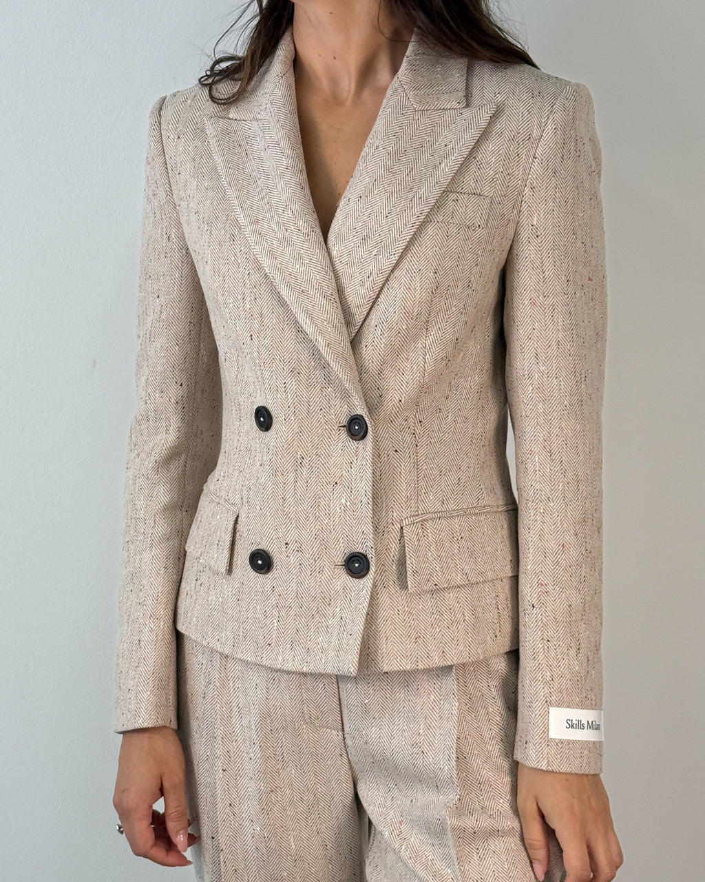 Giacca Doppiopetto in Spigato con Revers a Lancia - Beige
