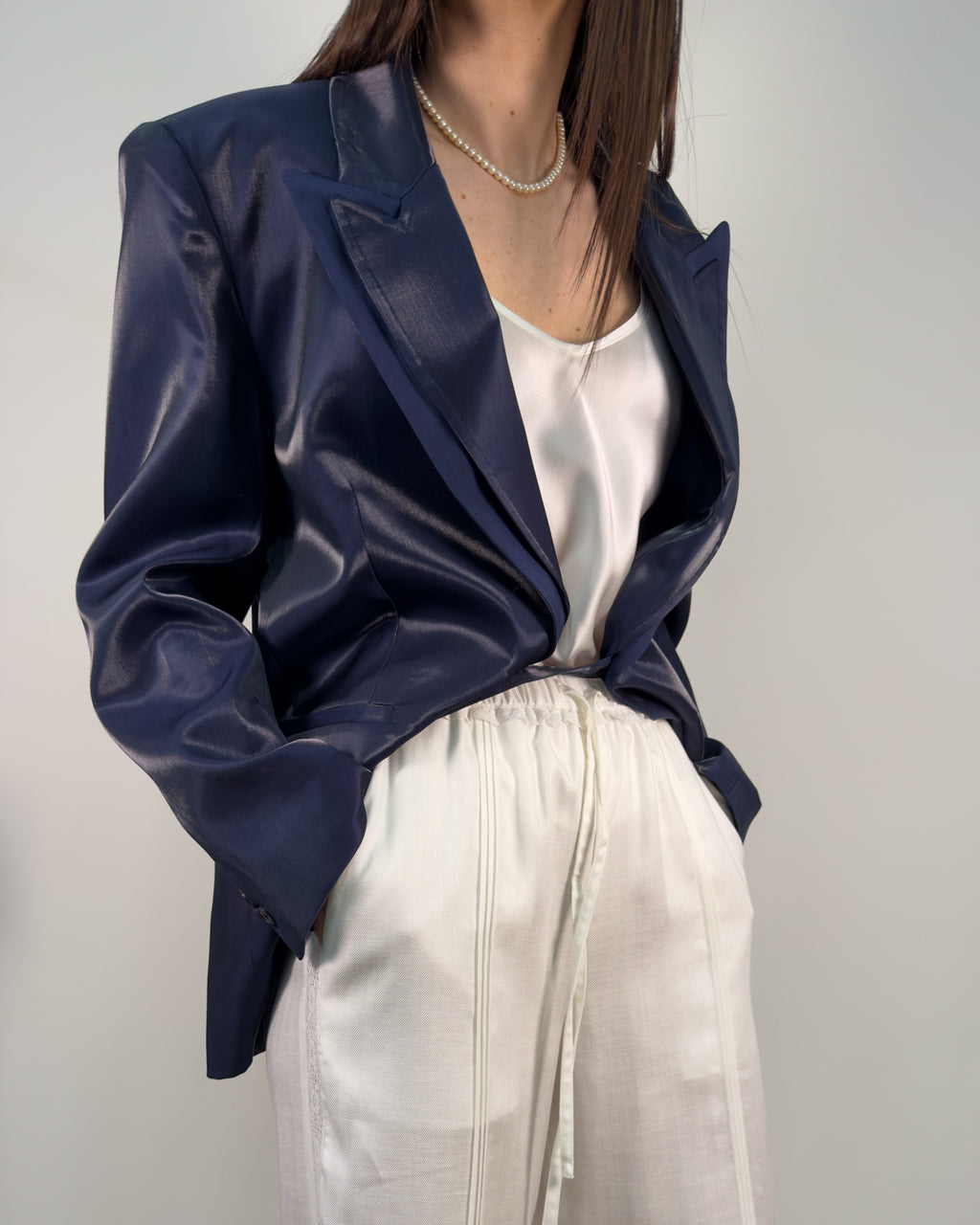 Blazer in Tessuto Lucido con Doppio Rever - Blue Navy - Gold Boutique