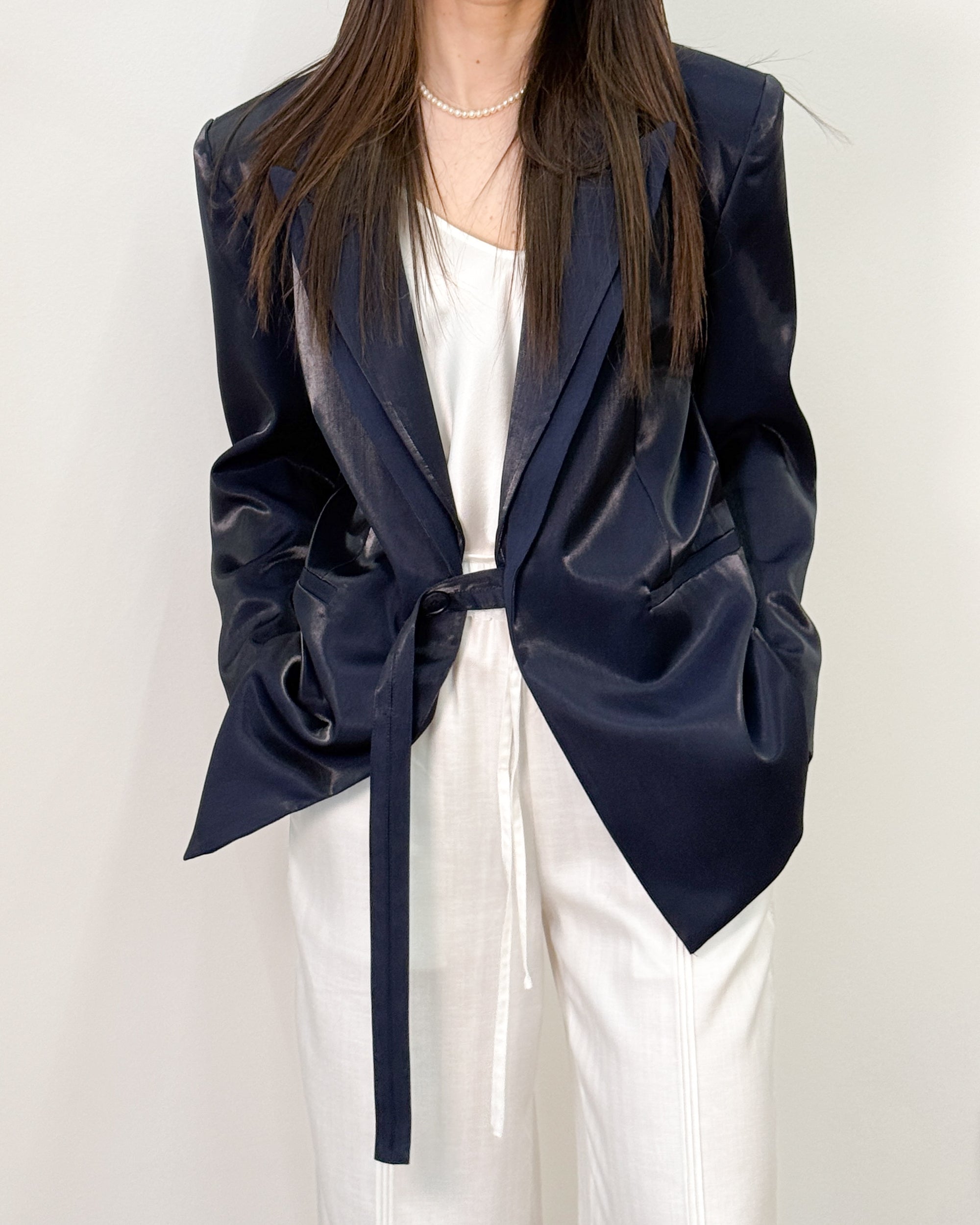 Blazer in Tessuto Lucido con Doppio Rever - Blue Navy - Gold Boutique