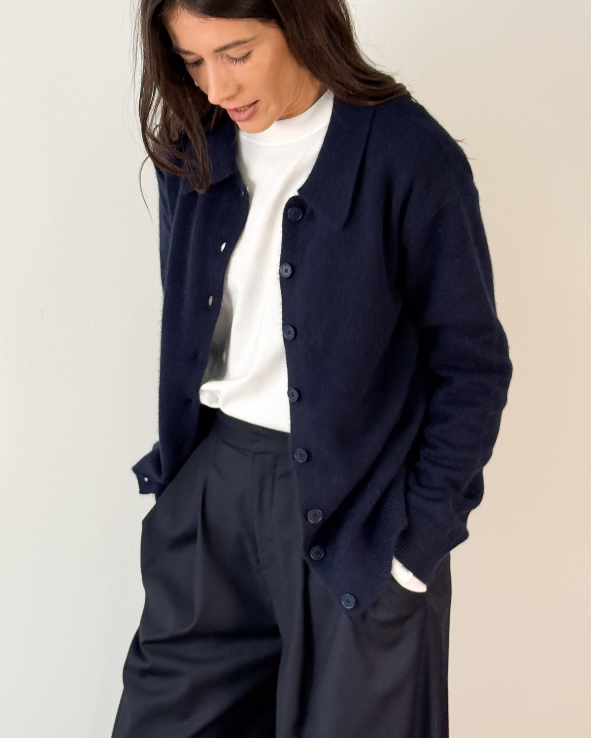Cardigan in Filato Volpe con Colletto a Camicia - Blue Nights