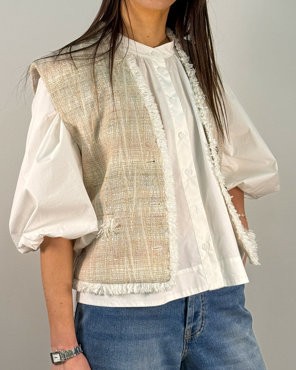Gilet in Jacquard con Frange e Fili Lurex - Natural