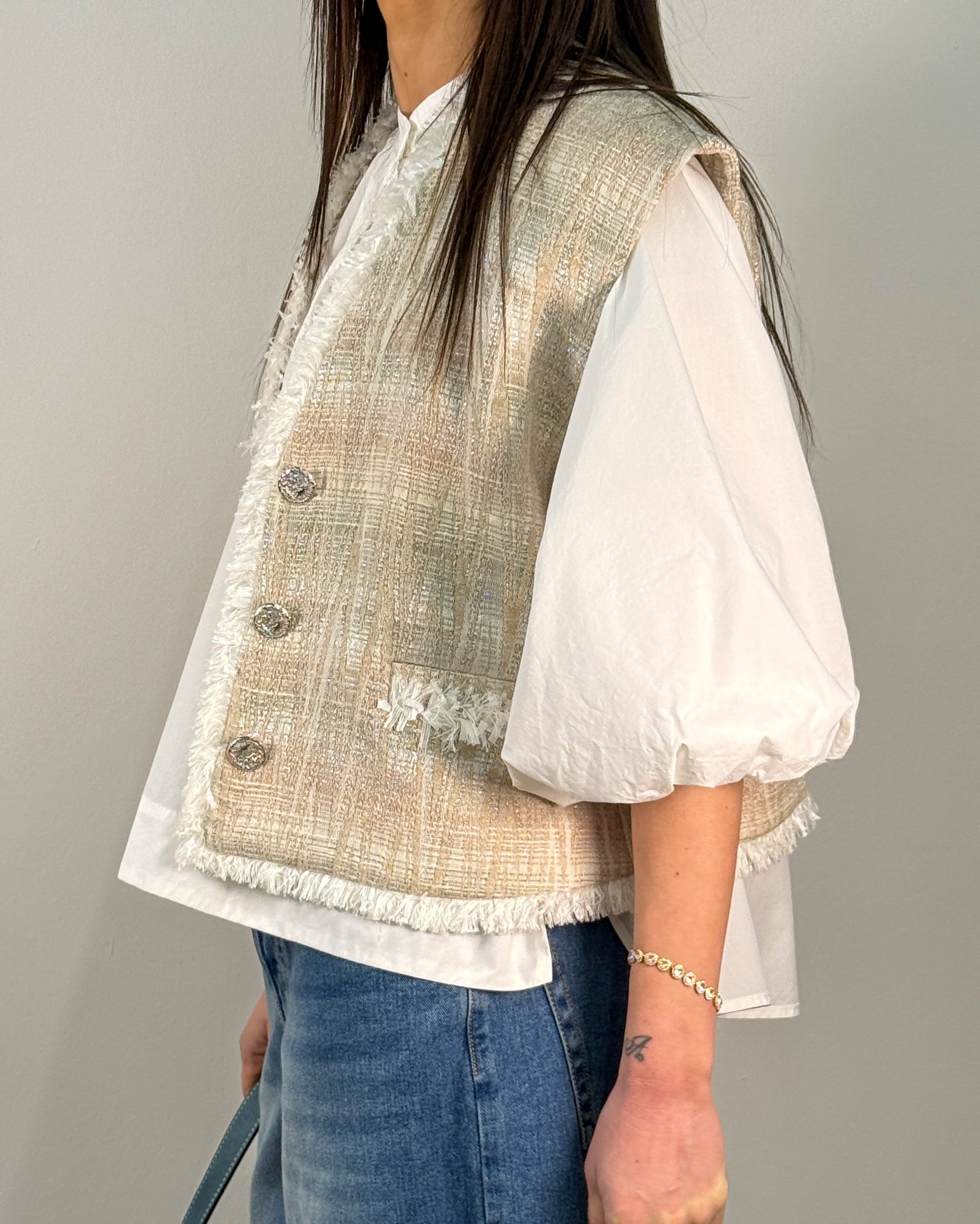Gilet in Jacquard con Frange e Fili Lurex - Natural