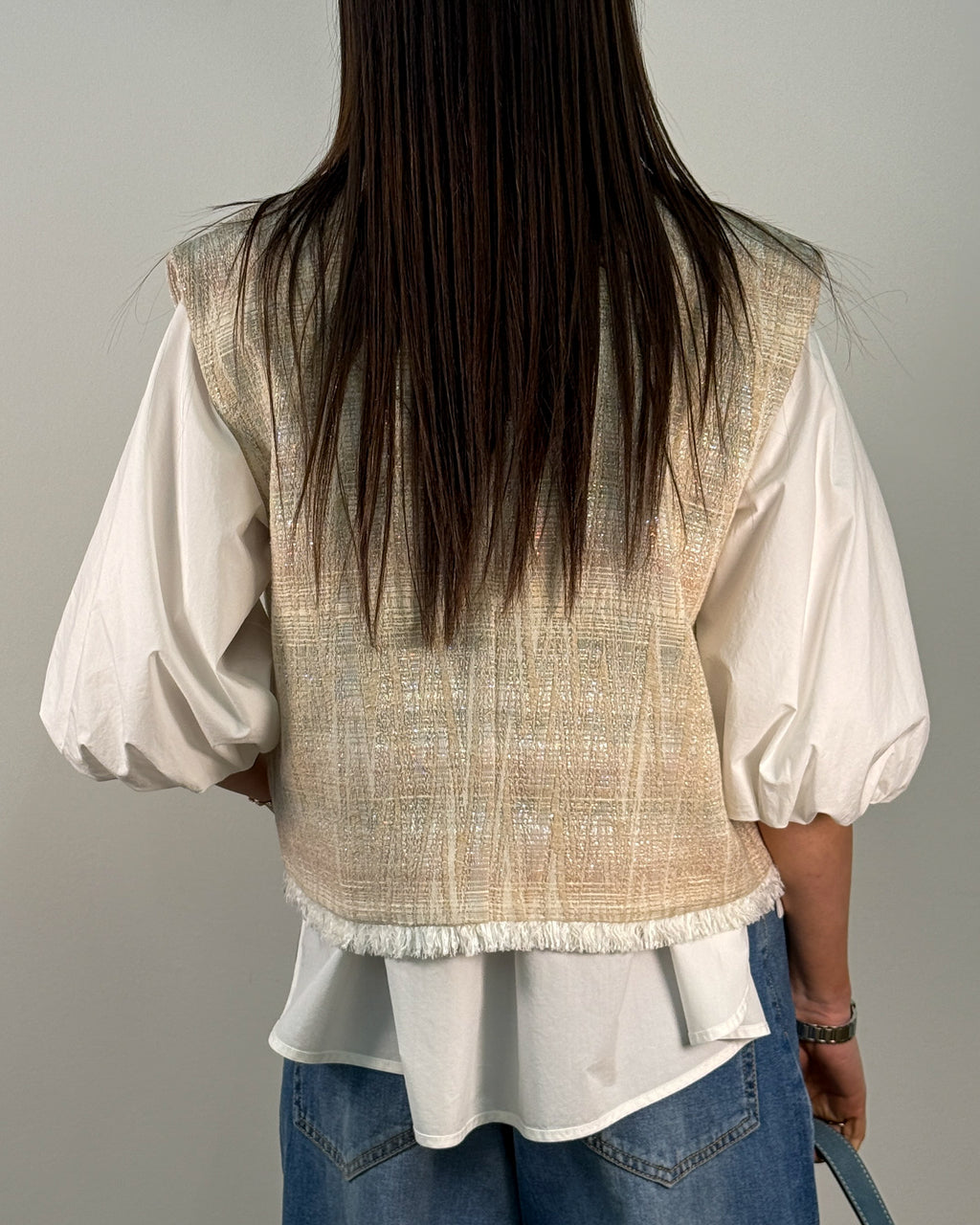 Gilet in Jacquard con Frange e Fili Lurex - Natural