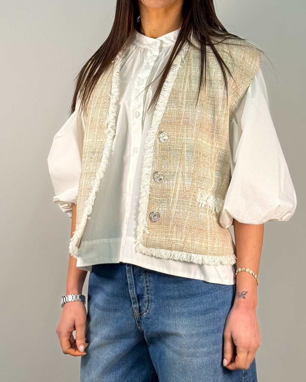 Gilet in Jacquard con Frange e Fili Lurex - Natural