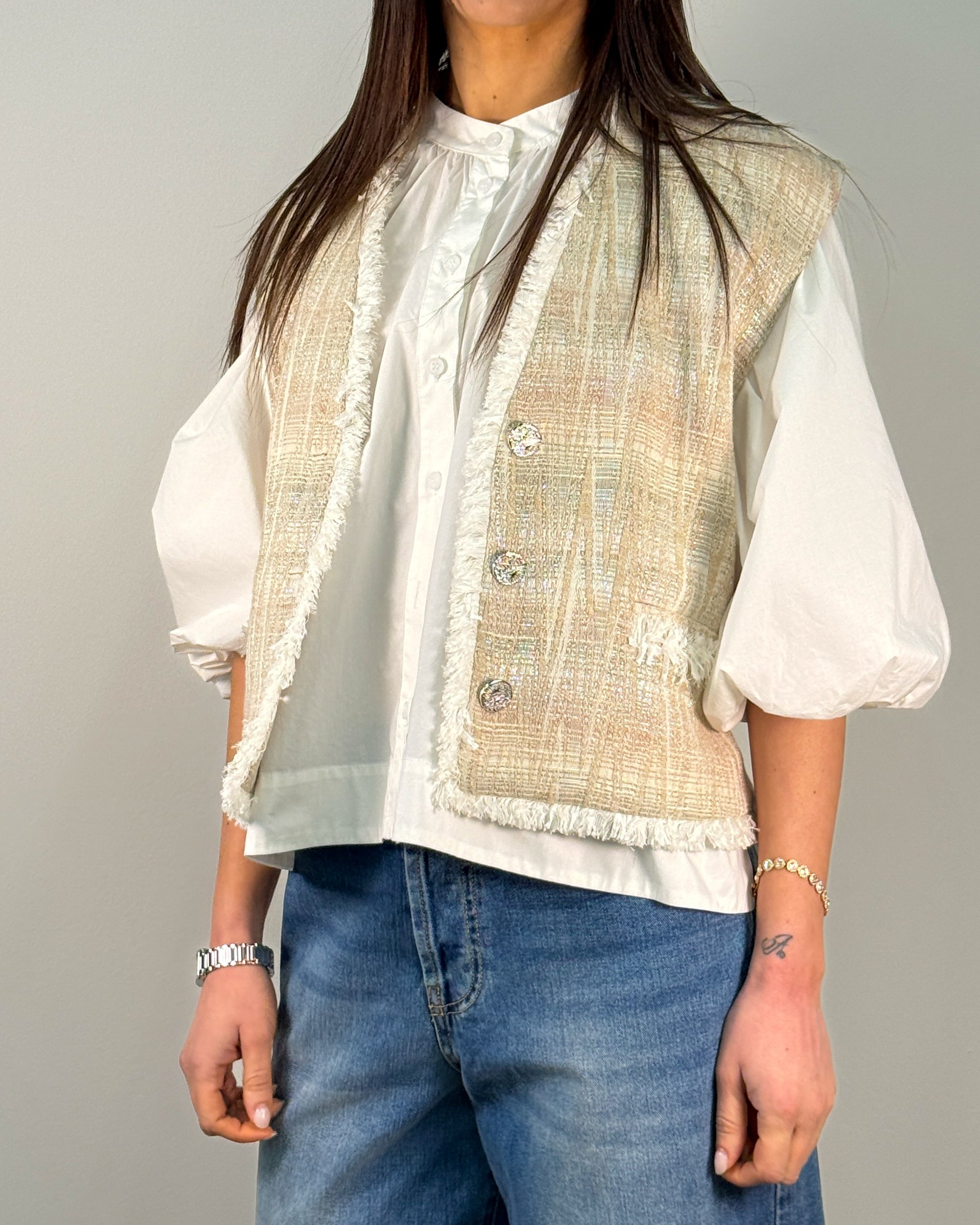 Gilet in Jacquard con Frange e Fili Lurex - Natural