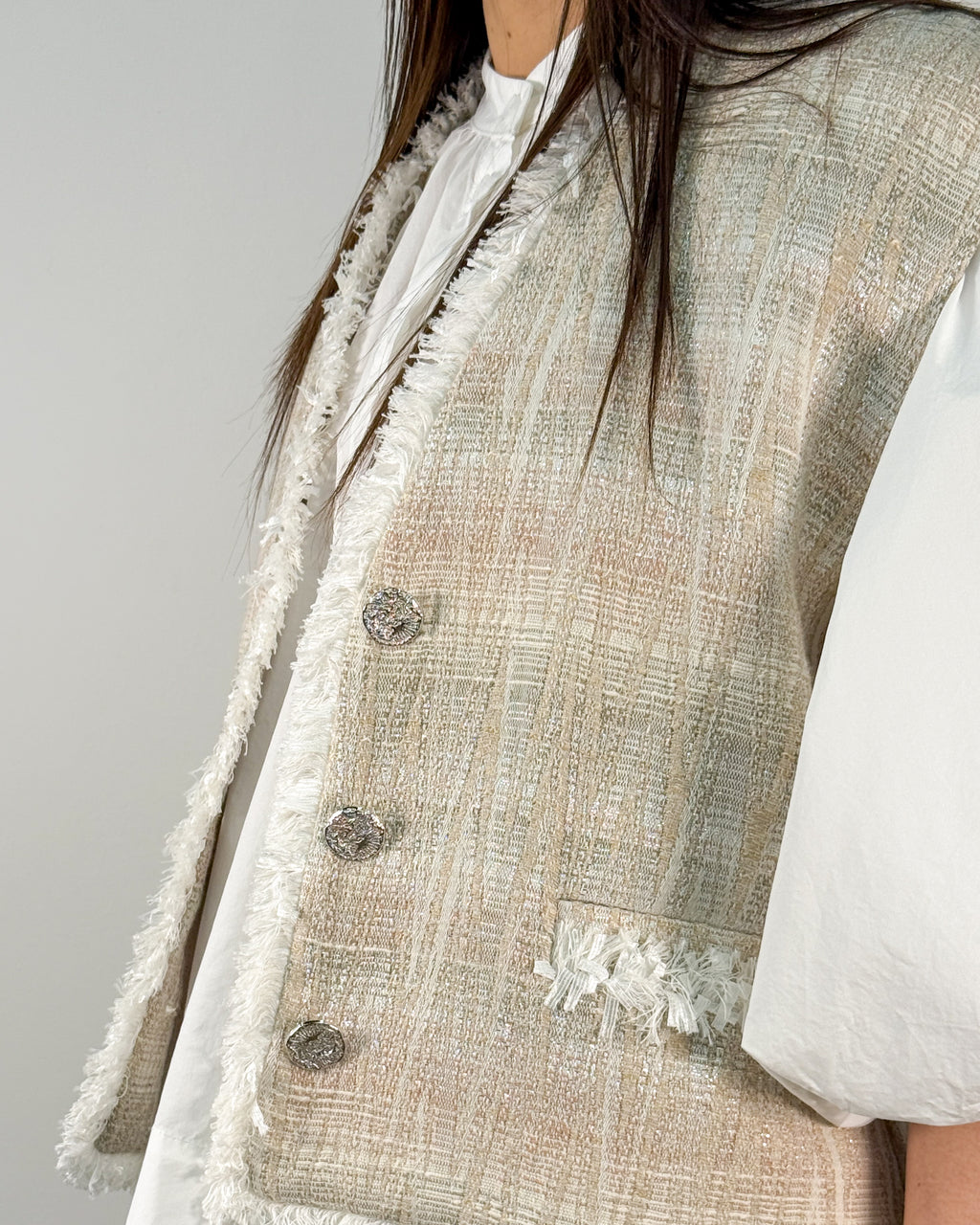 Gilet in Jacquard con Frange e Fili Lurex - Natural