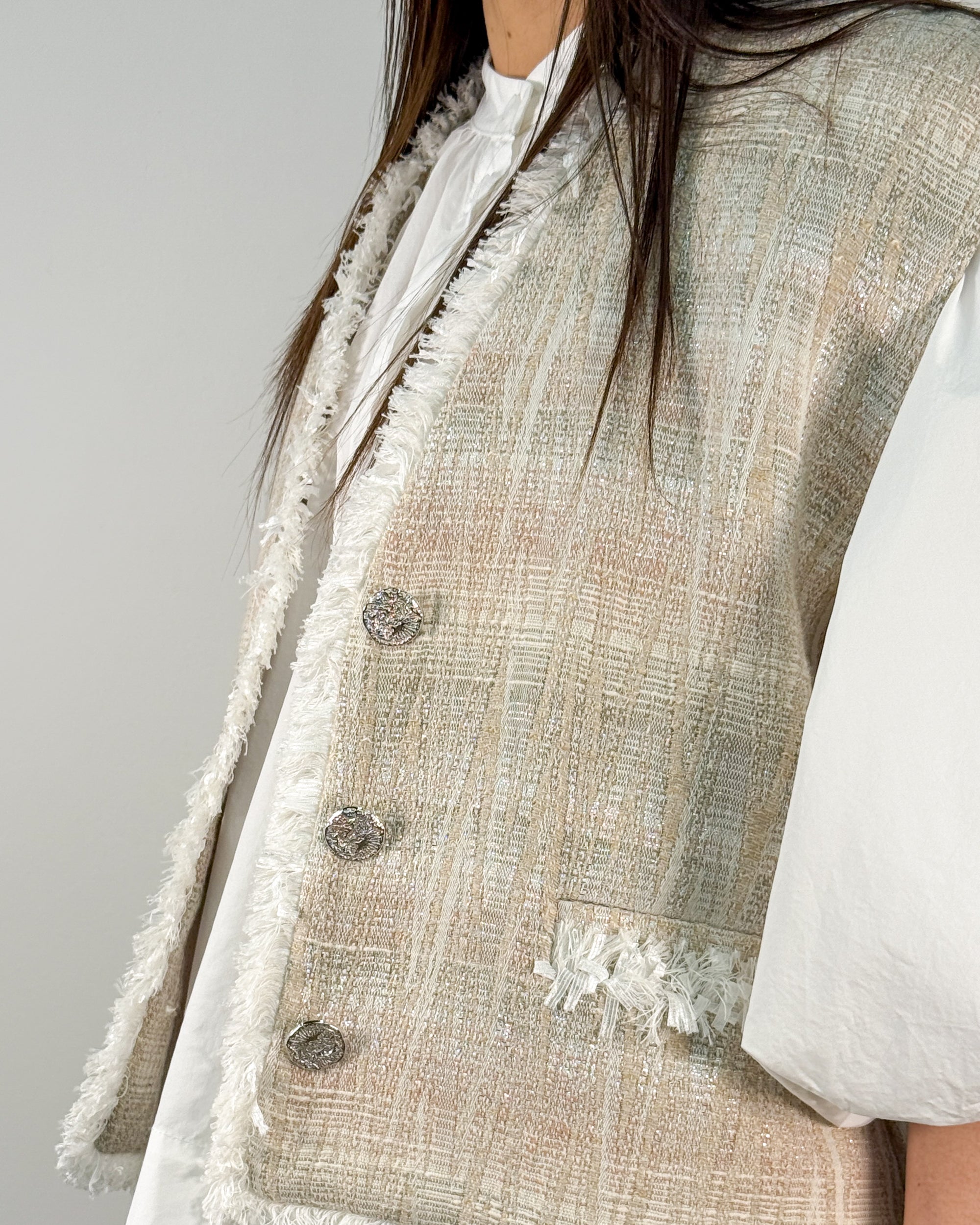 Gilet in Jacquard con Frange e Fili Lurex - Natural