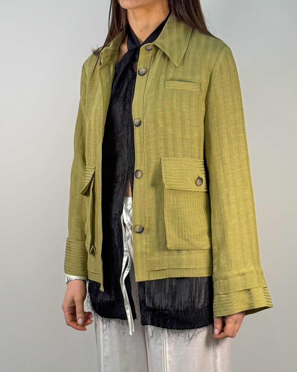Giacca-Camicia Corta in Lino Gessato - Sage | HANAMI D'OR