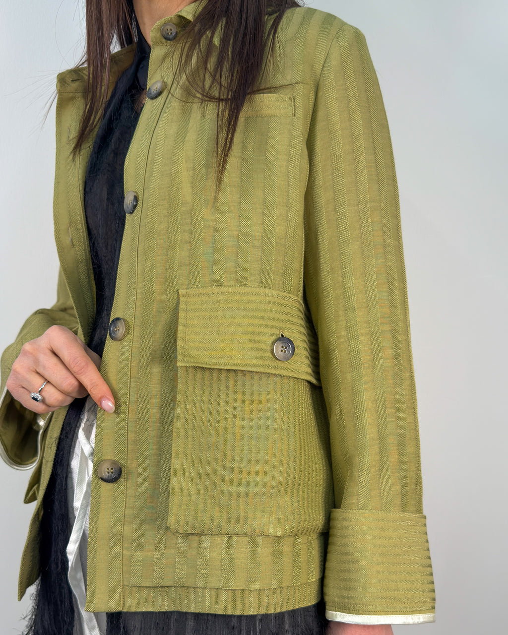 Giacca-Camicia Corta in Lino Gessato - Sage | HANAMI D'OR