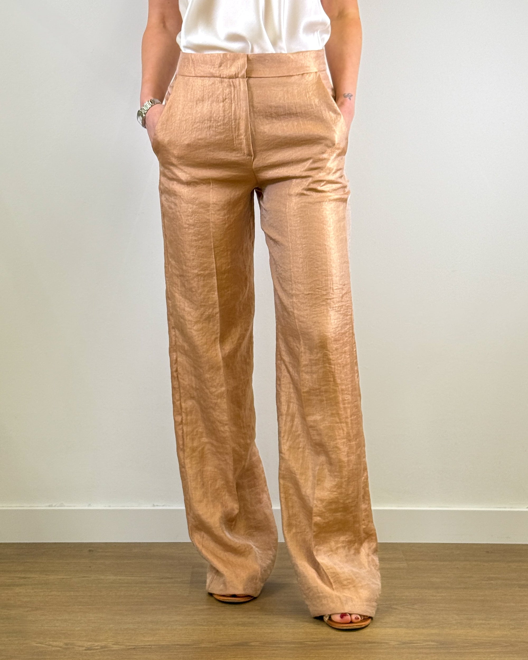 Pantalone a Palazzo con Tessuto Laminato e Vita Alta - Blush | RAME