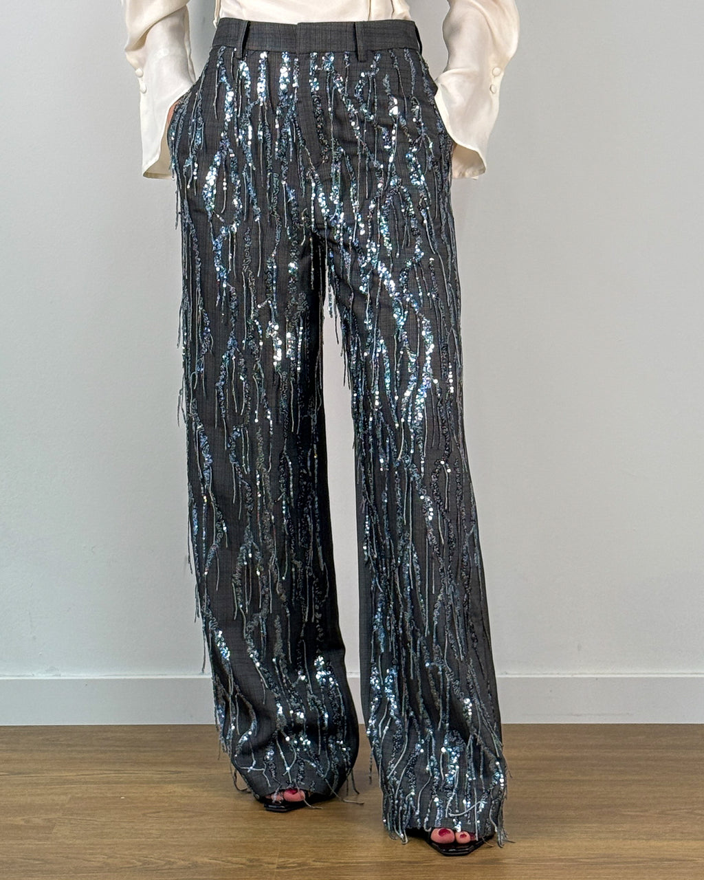 Pantalone Wide Leg in Tessuto Fiammato con Ricami in Paillettes - Anthracite