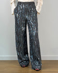 Pantalone Wide Leg in Tessuto Fiammato con Ricami in Paillettes - Anthracite