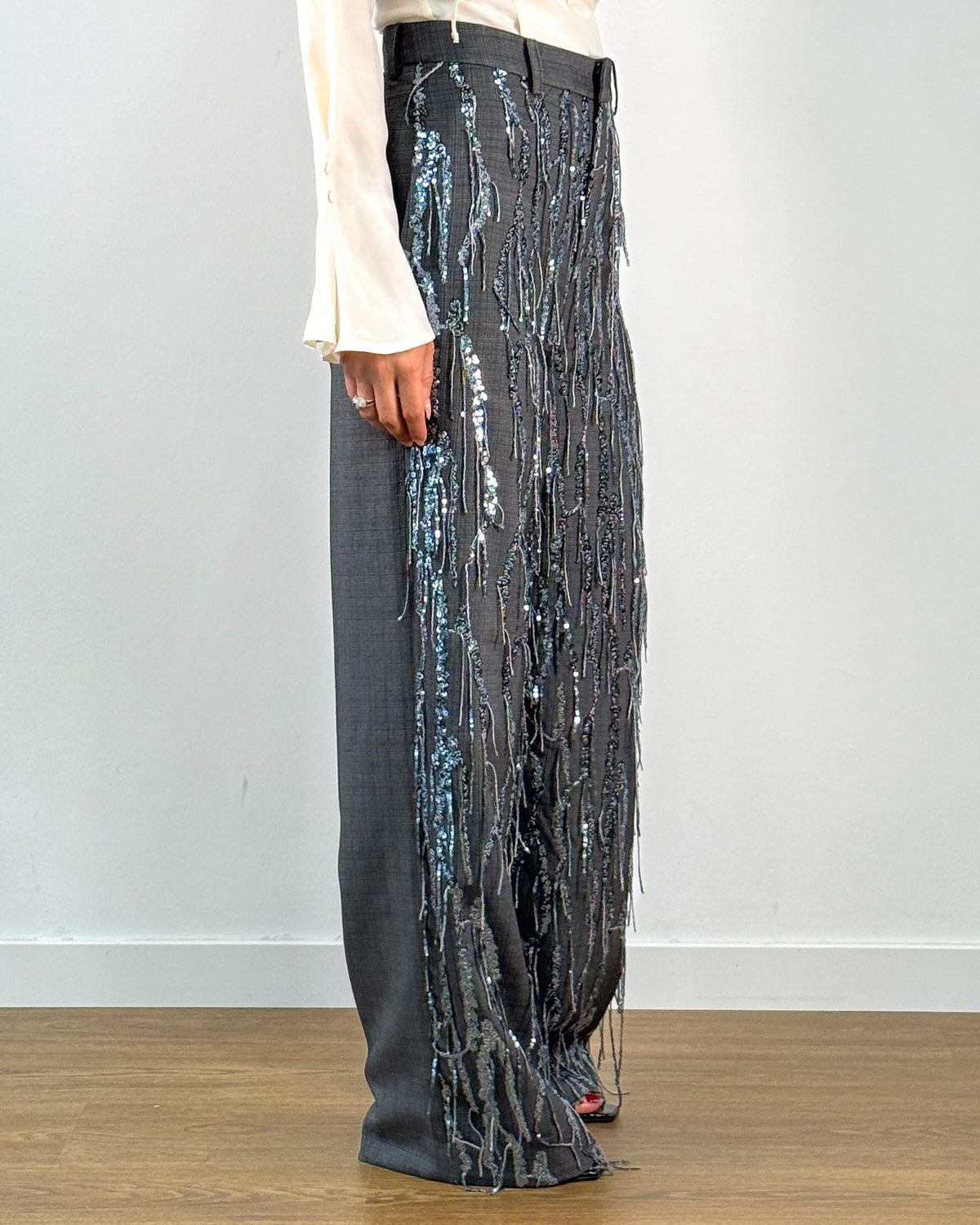 Pantalone Wide Leg in Tessuto Fiammato con Ricami in Paillettes - Anthracite