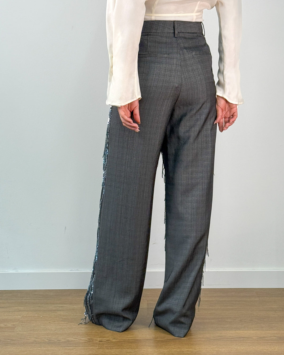 Pantalone Wide Leg in Tessuto Fiammato con Ricami in Paillettes - Anthracite