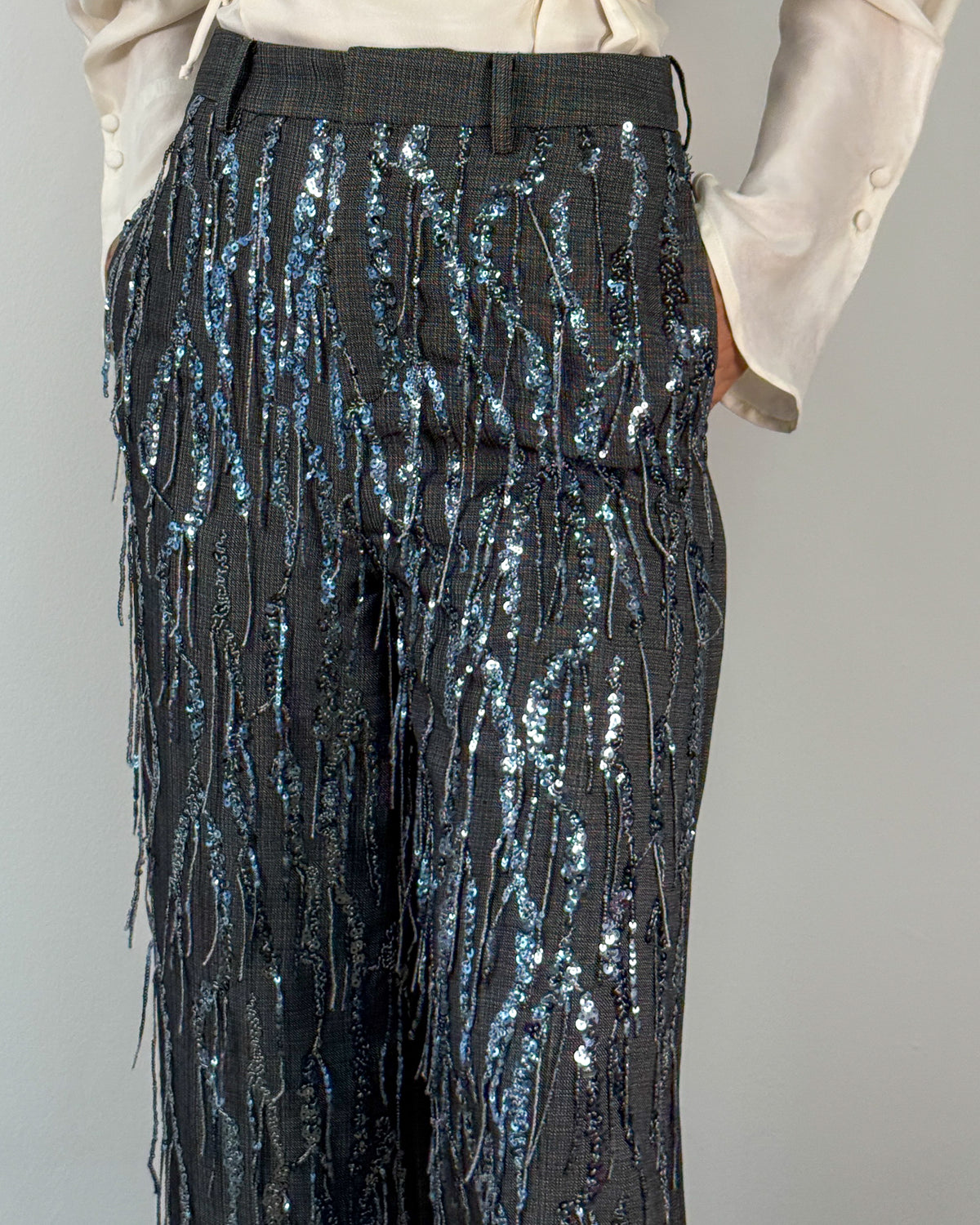 Pantalone Wide Leg in Tessuto Fiammato con Ricami in Paillettes - Anthracite