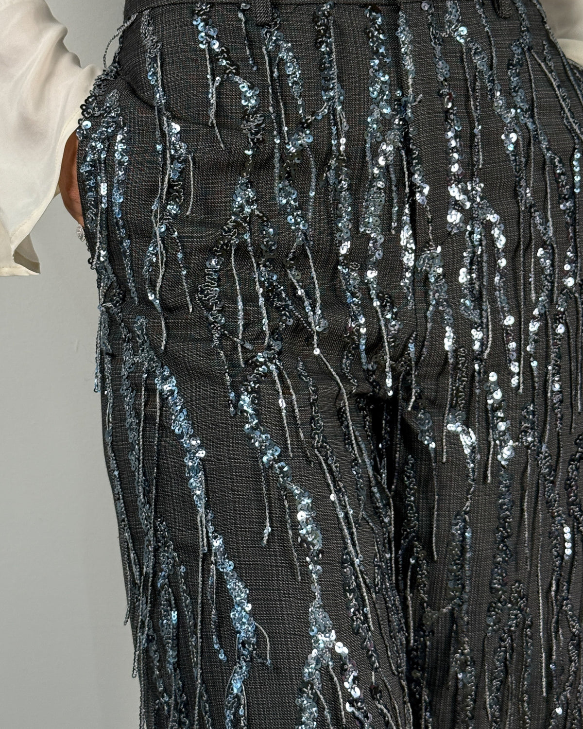 Pantalone Wide Leg in Tessuto Fiammato con Ricami in Paillettes - Anthracite