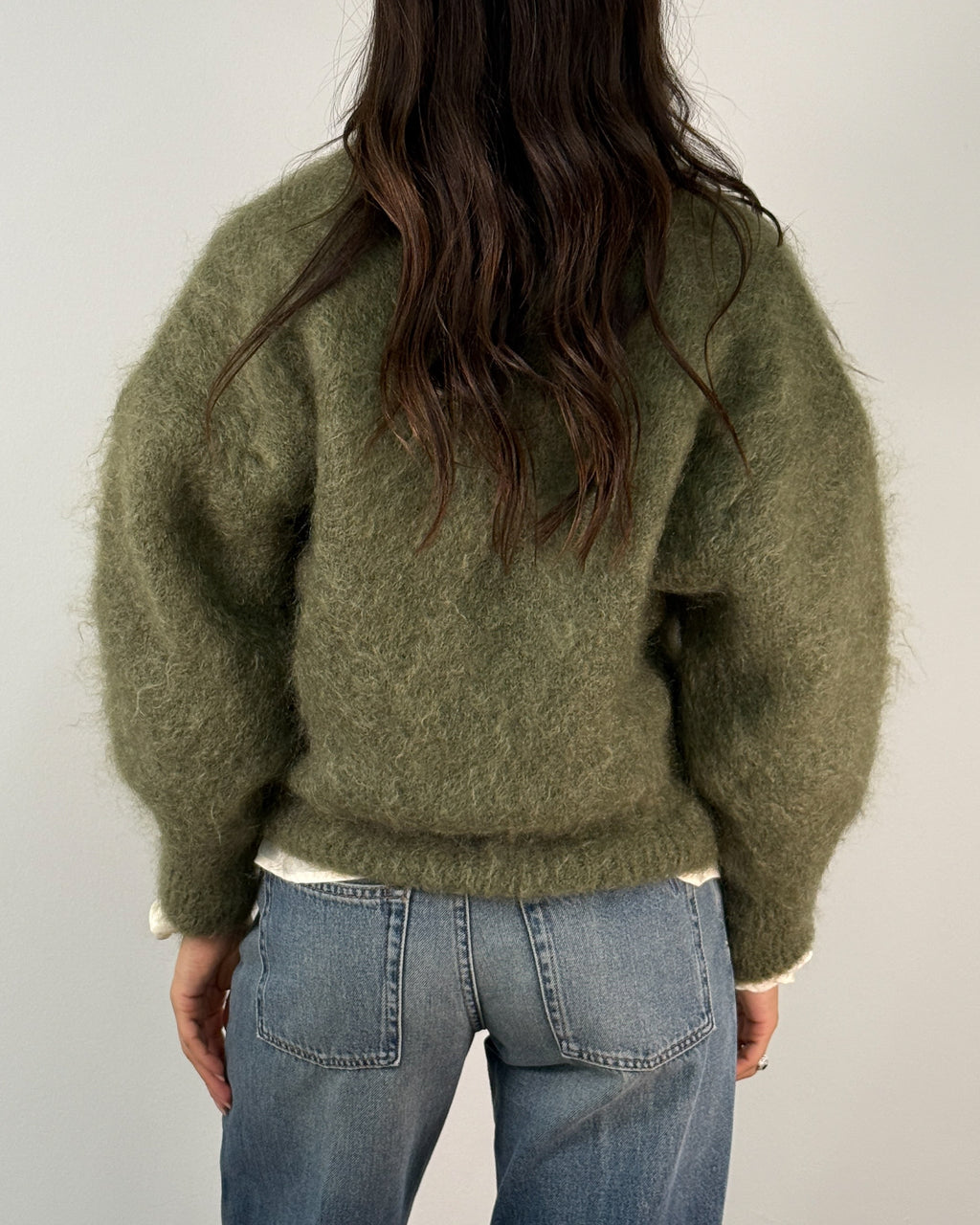 Cardigan in Mohair con Scollo a V e Bottoni - Verde Salvia