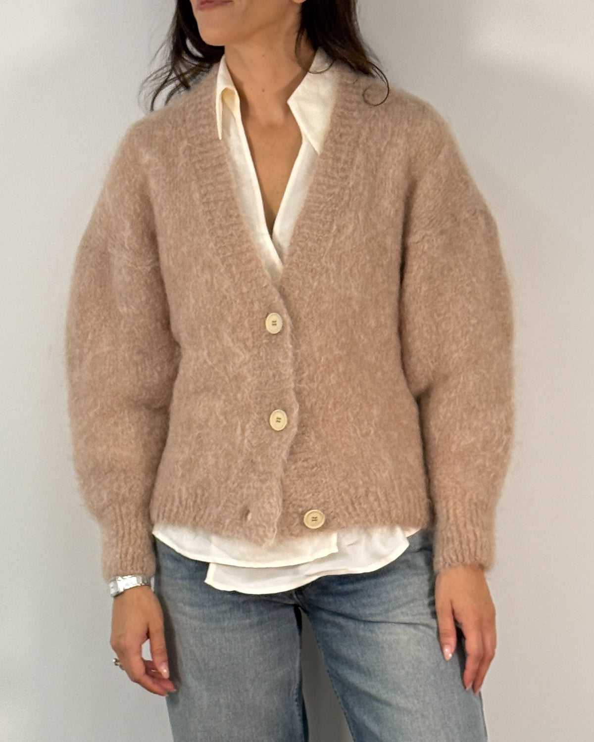 Cardigan in Mohair con Scollo a V e Bottoni - Rosa Cipria