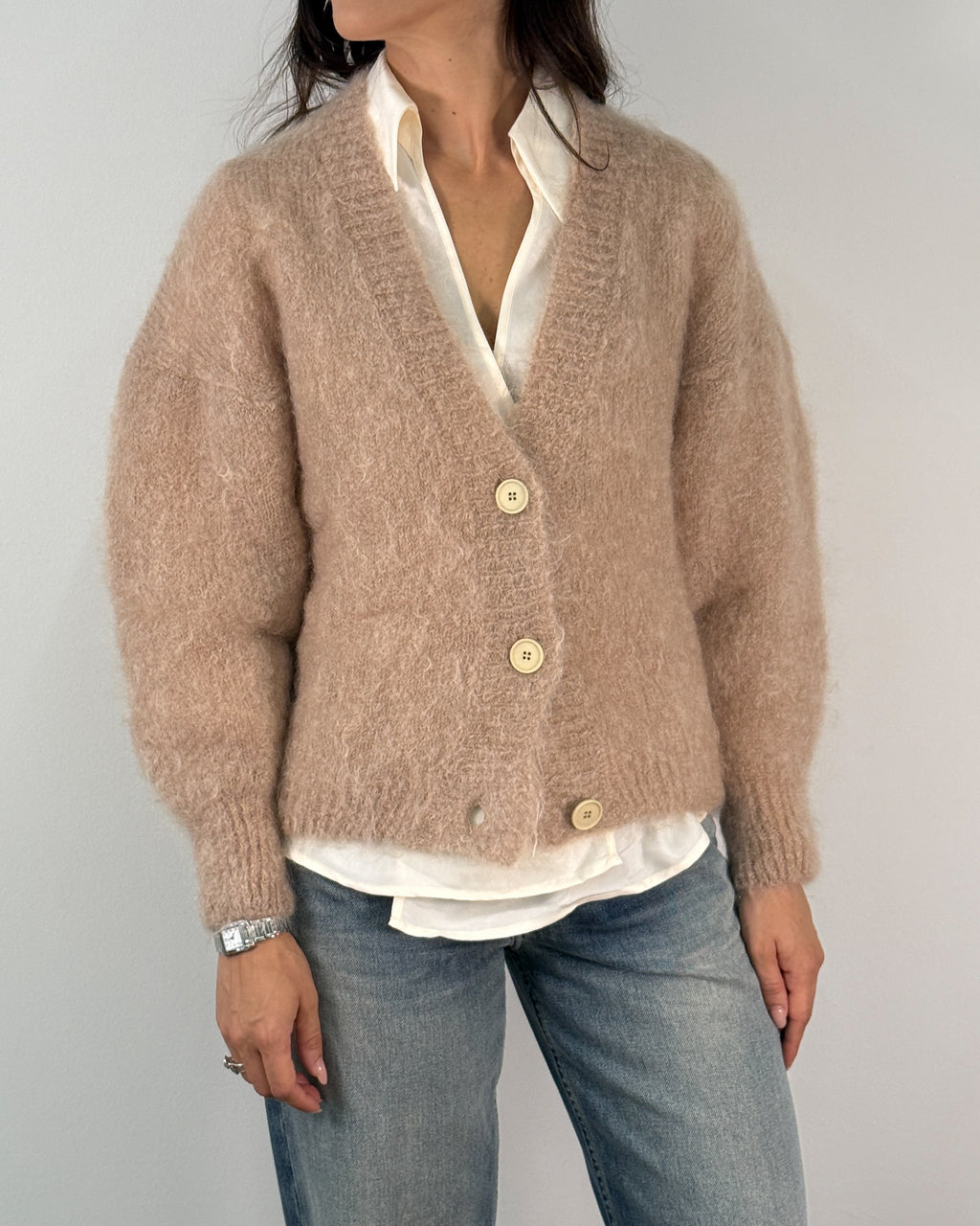 Cardigan in Mohair con Scollo a V e Bottoni - Rosa Cipria