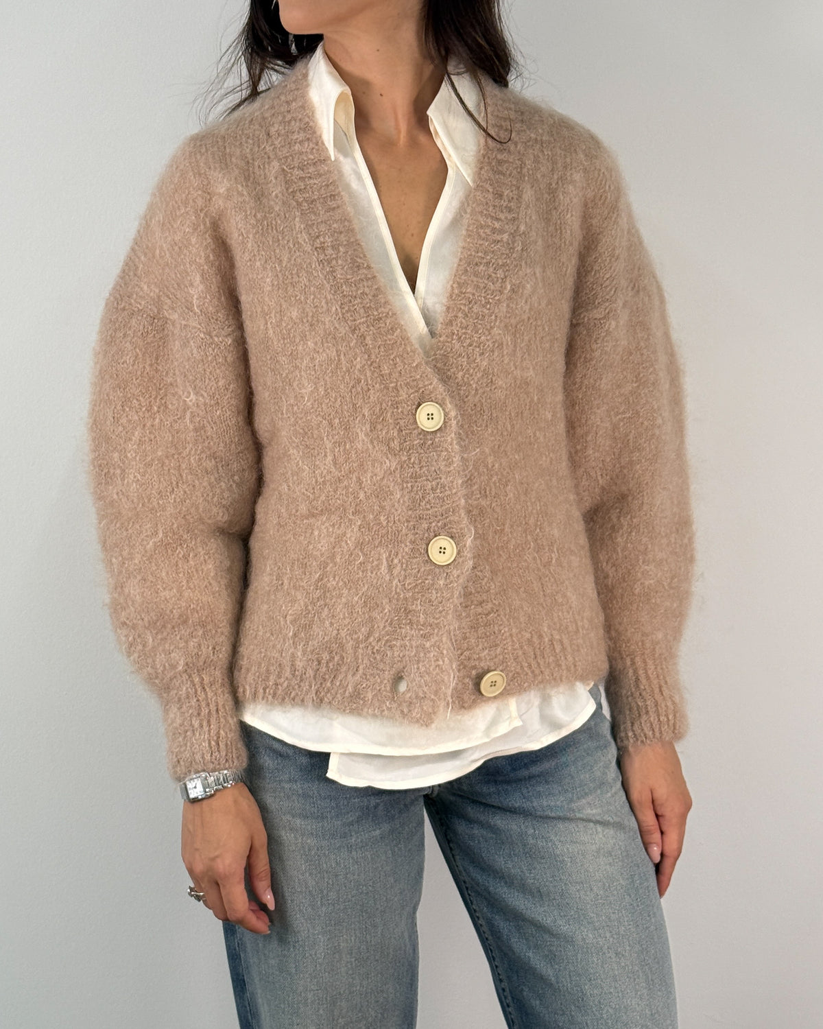 Cardigan in Mohair con Scollo a V e Bottoni - Rosa Cipria