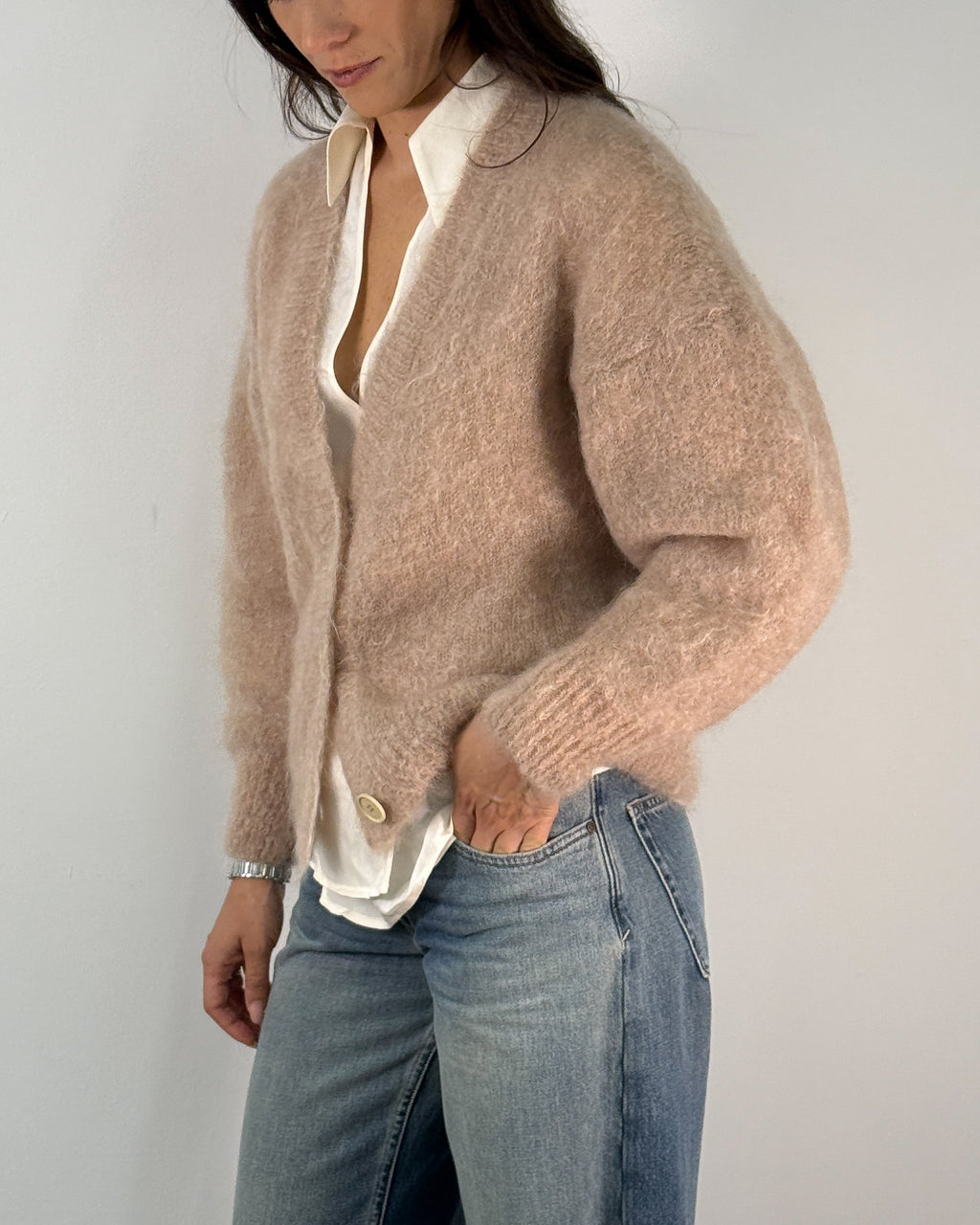 Cardigan in Mohair con Scollo a V e Bottoni - Rosa Cipria