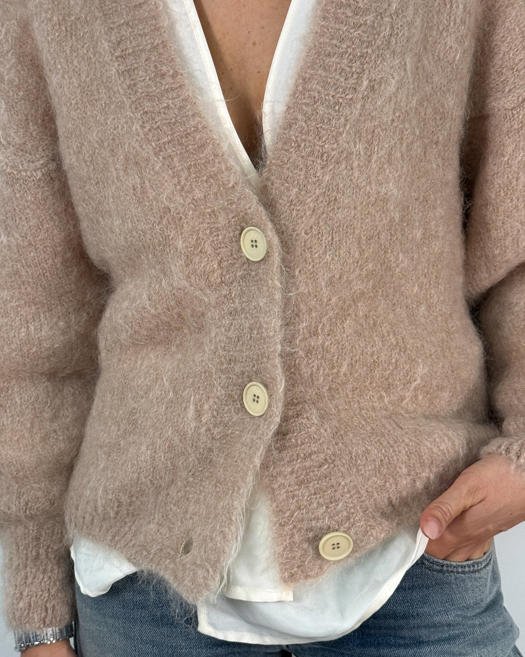 Cardigan in Mohair con Scollo a V e Bottoni - Rosa Cipria