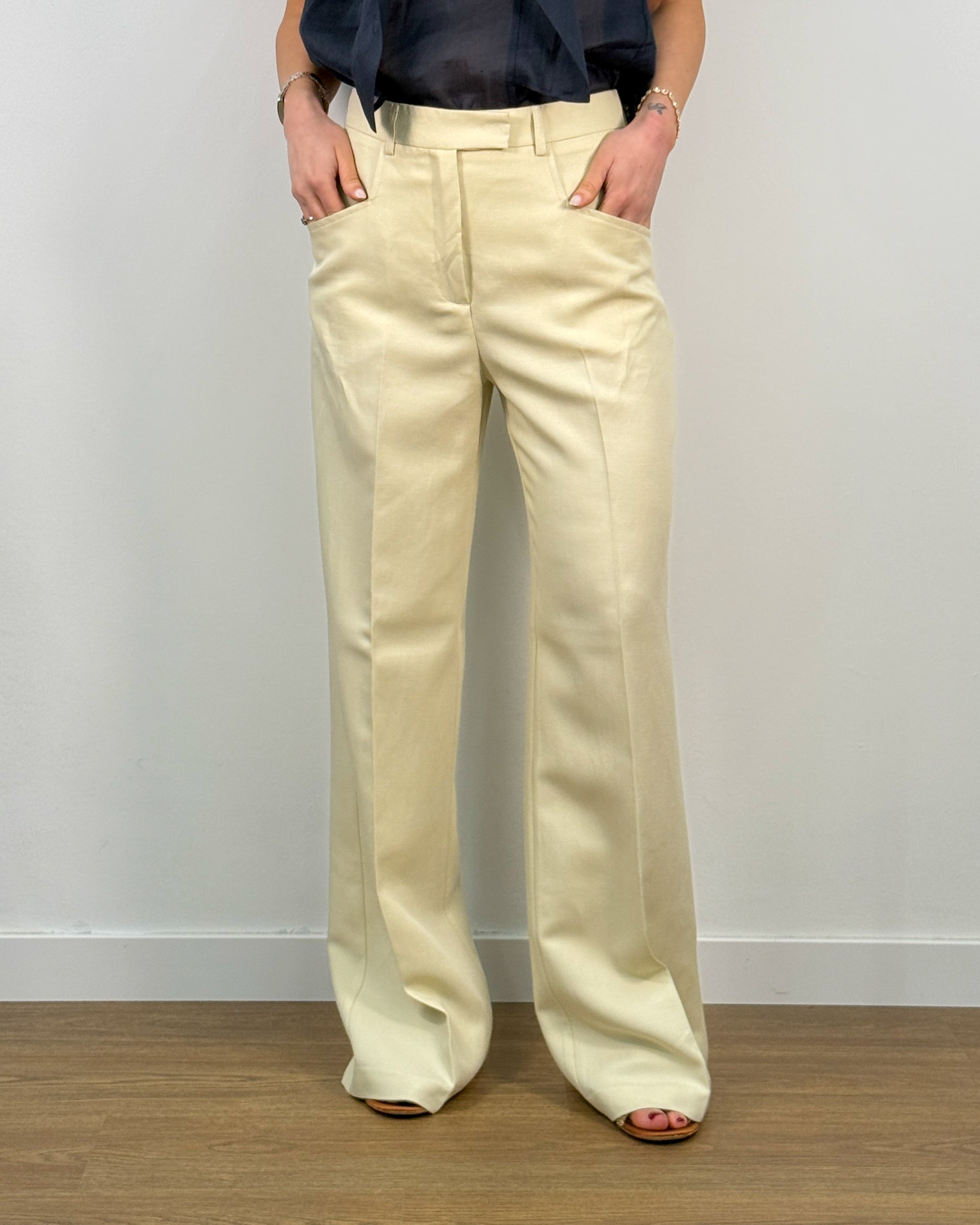 Pantalone Palazzo a Vita Alta in Lyocell e Lino - Panna | BEATRICE B
