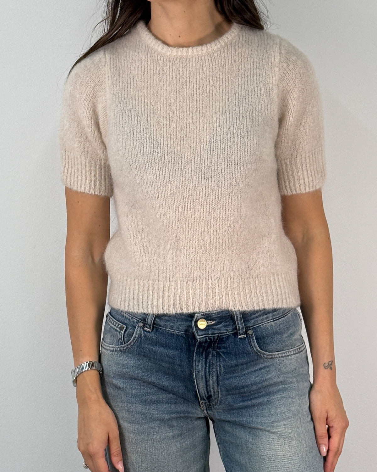 Maglia a Maniche Corte in Misto Mohair con Girocollo - Kasha
