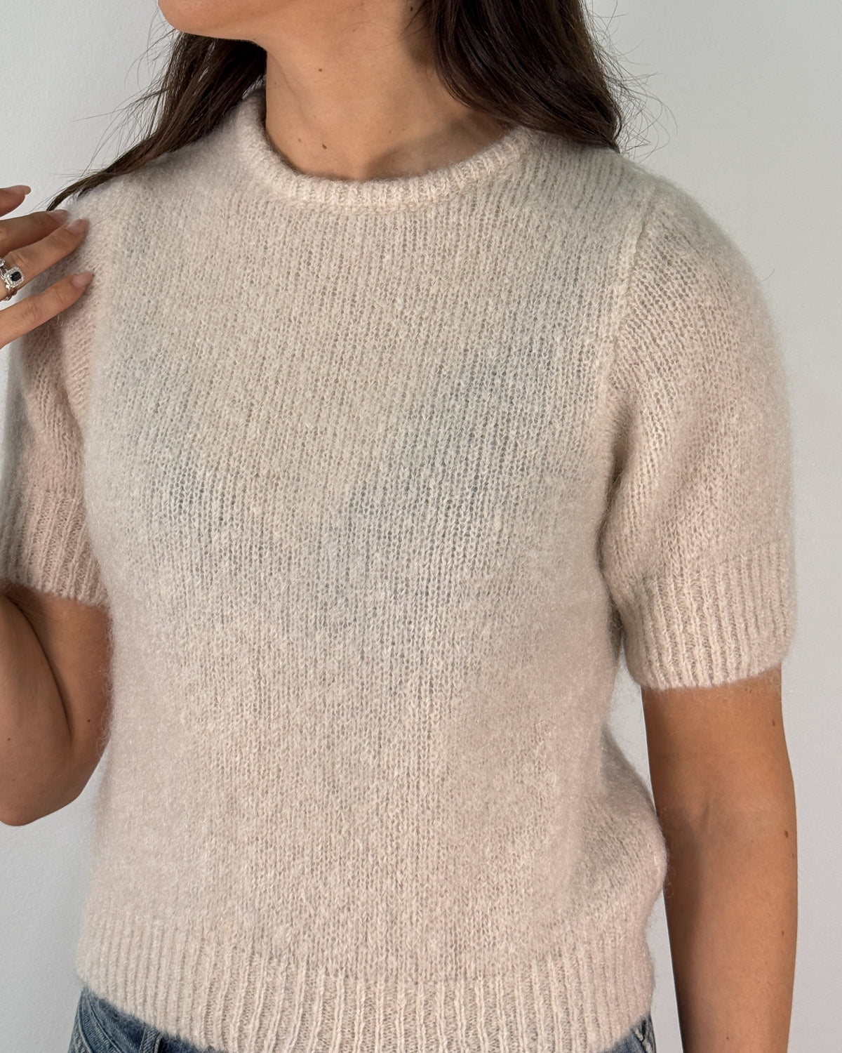 Maglia a Maniche Corte in Misto Mohair con Girocollo - Kasha