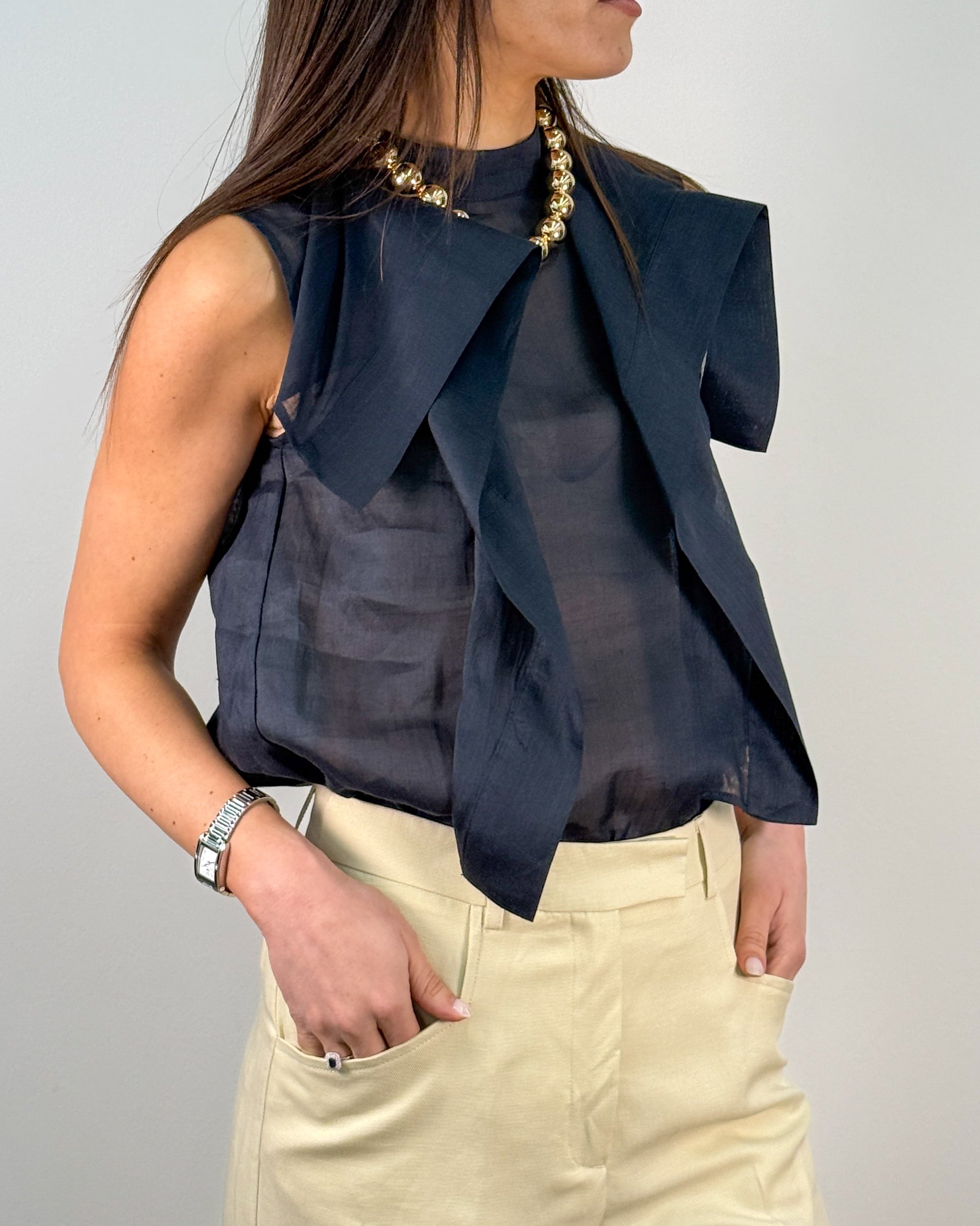 Blusa Smanicata con Volant in Rayon - Blu Comet | MEIMEIJ