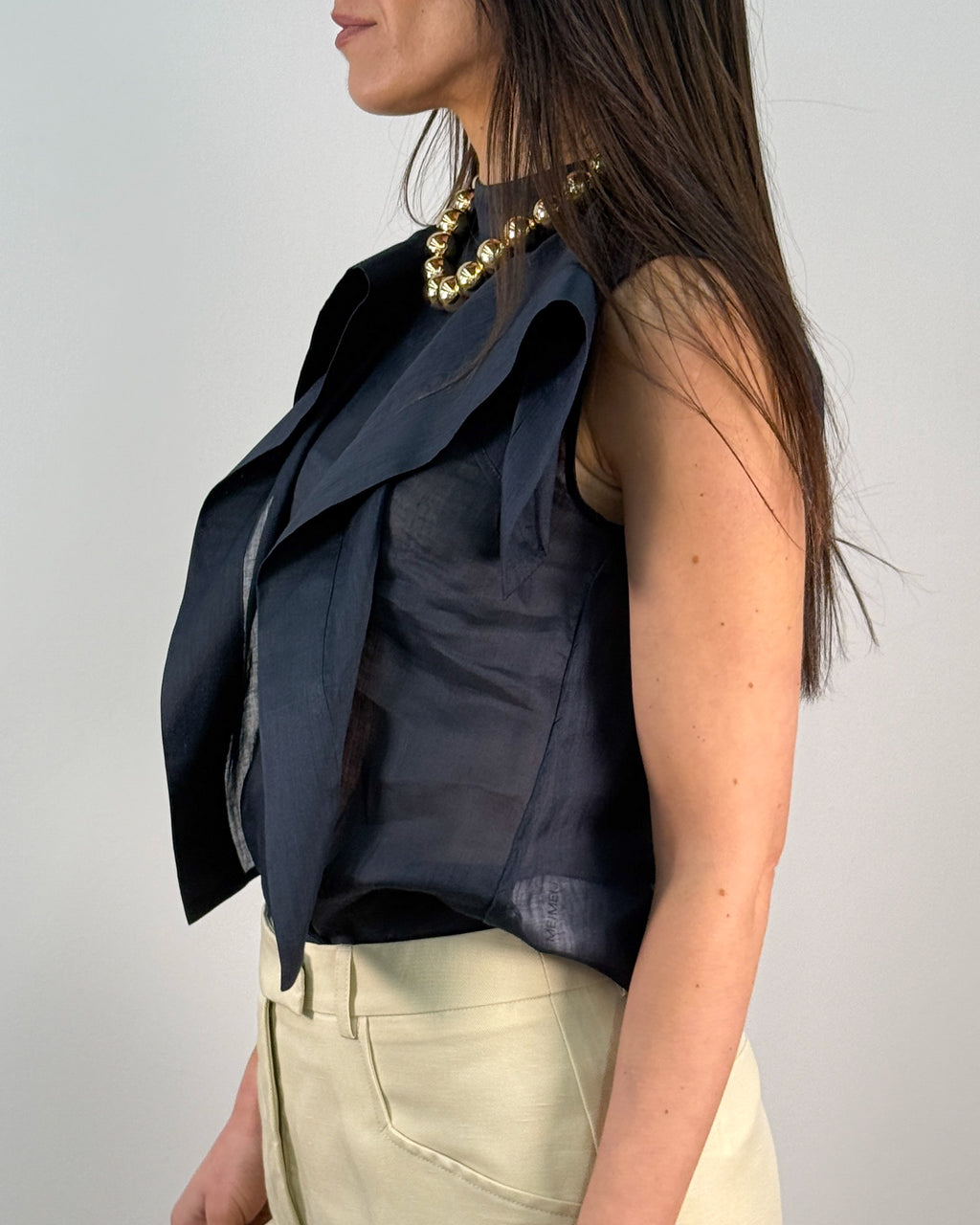 Blusa Smanicata con Volant in Rayon - Blu Comet | MEIMEIJ